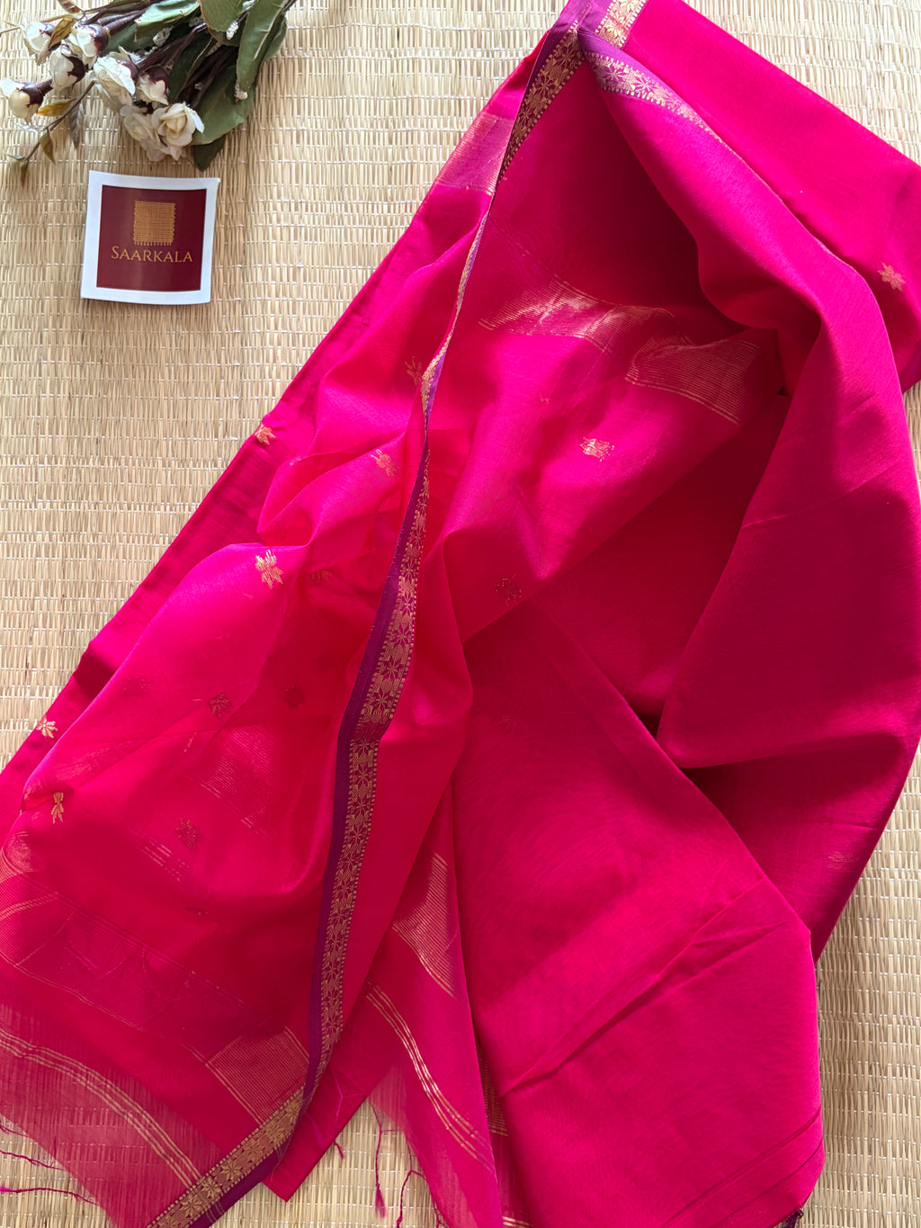 Magenta Kinari Self Pink Chameli Maheshwari Handloom Silk Cotton Saree