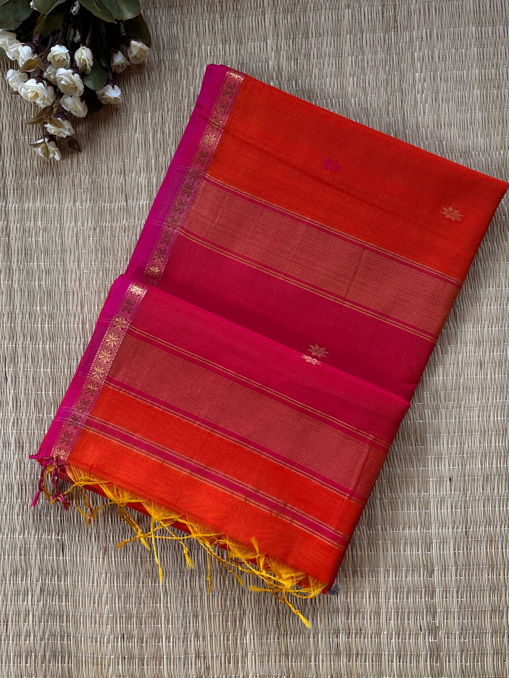 Chameli Orange Pink Maheshwari Handloom Saree