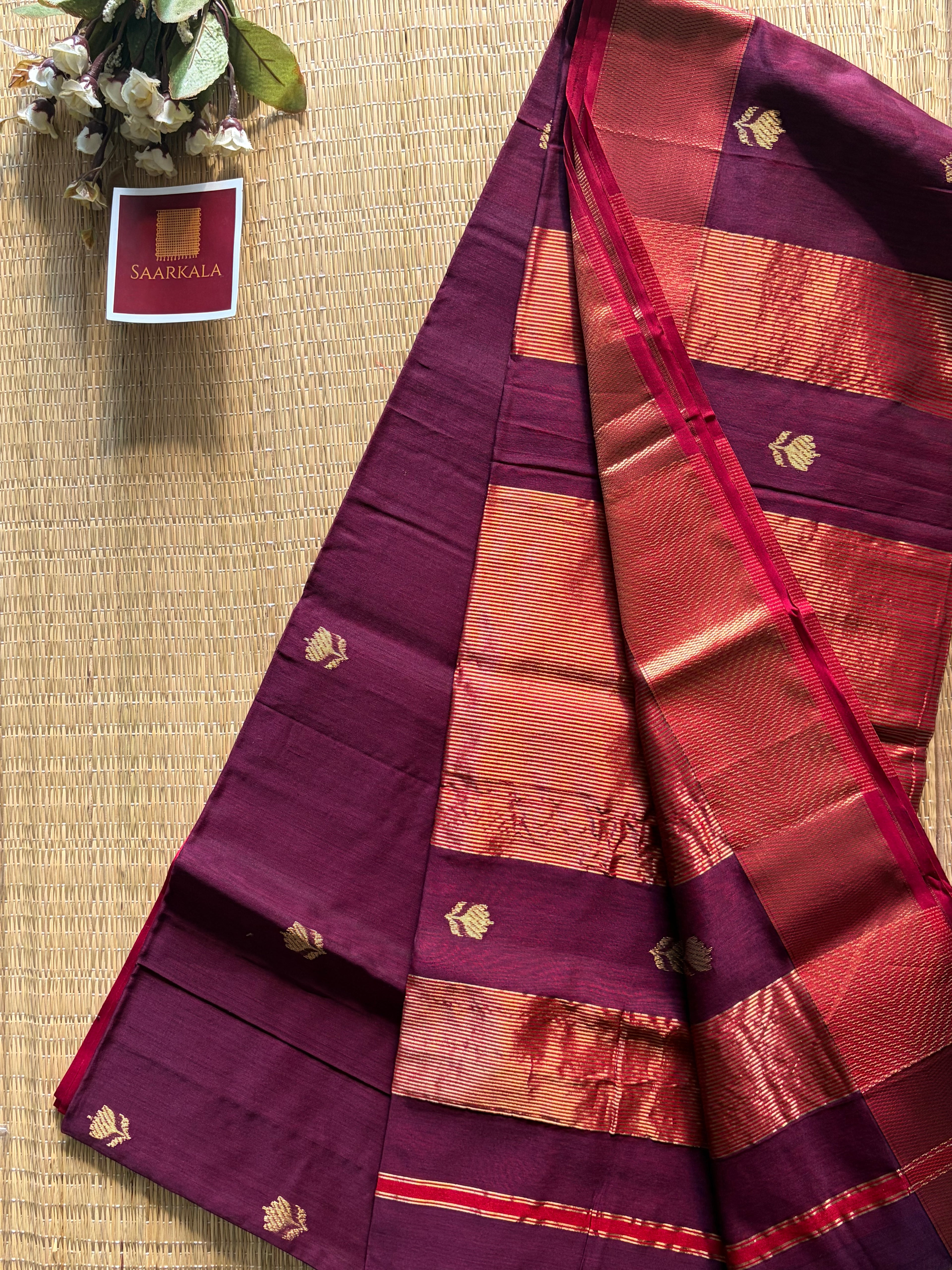 Chocoa Maroon Lotus Maheshwari silk and cotton Saree