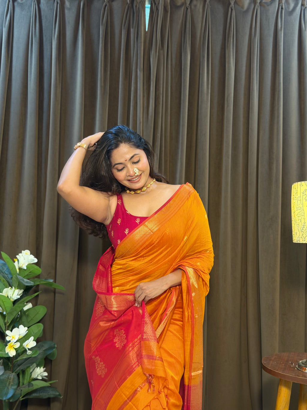 Ashu Floral Buta Mustard & red Maheshwari silk by cotton handloom saree