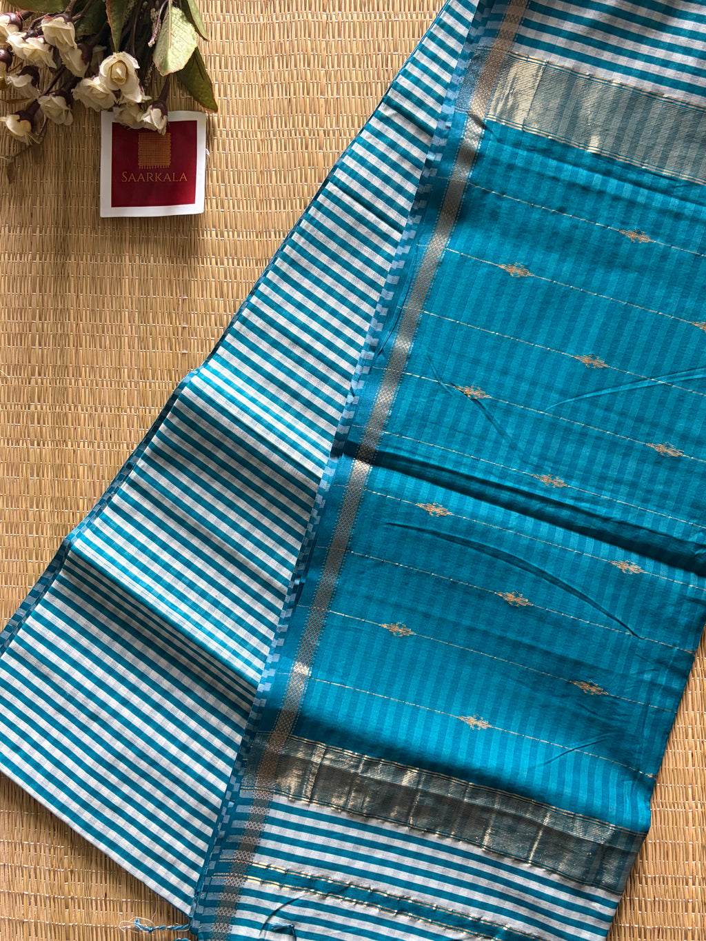 Gingham Rama Blue Maheshwari Handloom Saree