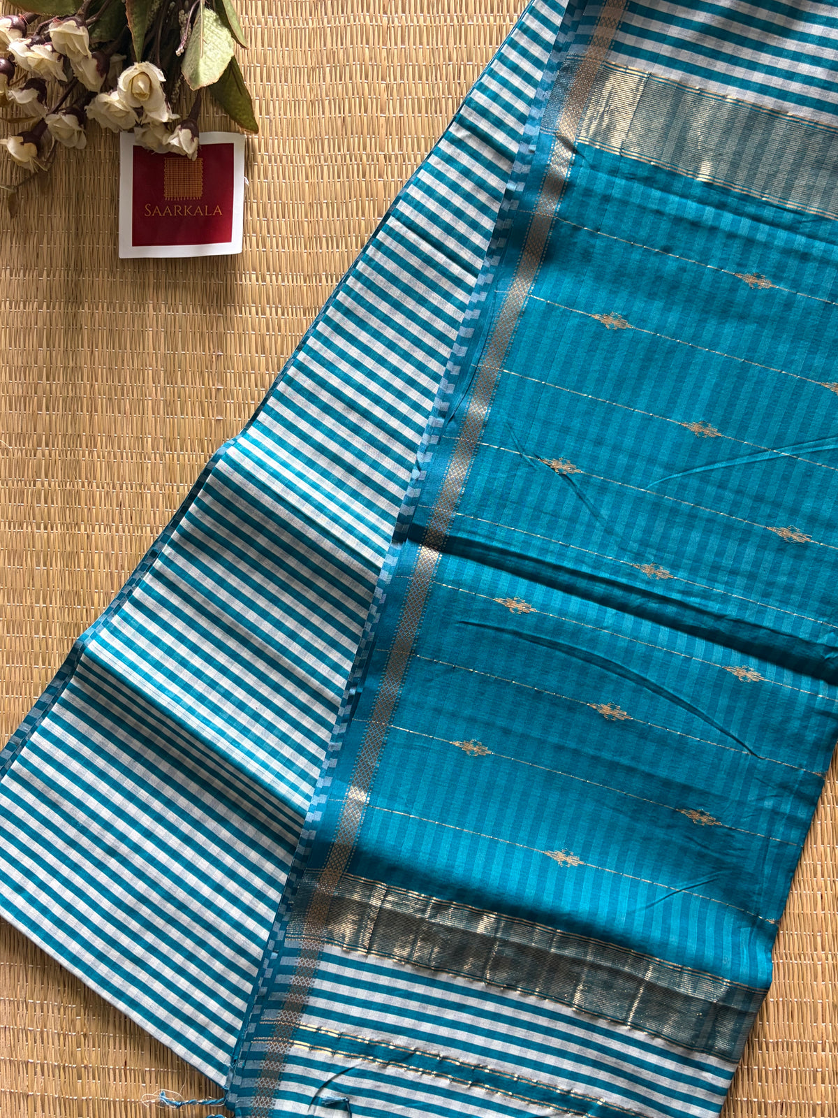 Gingham Rama Blue Maheshwari Handloom Saree