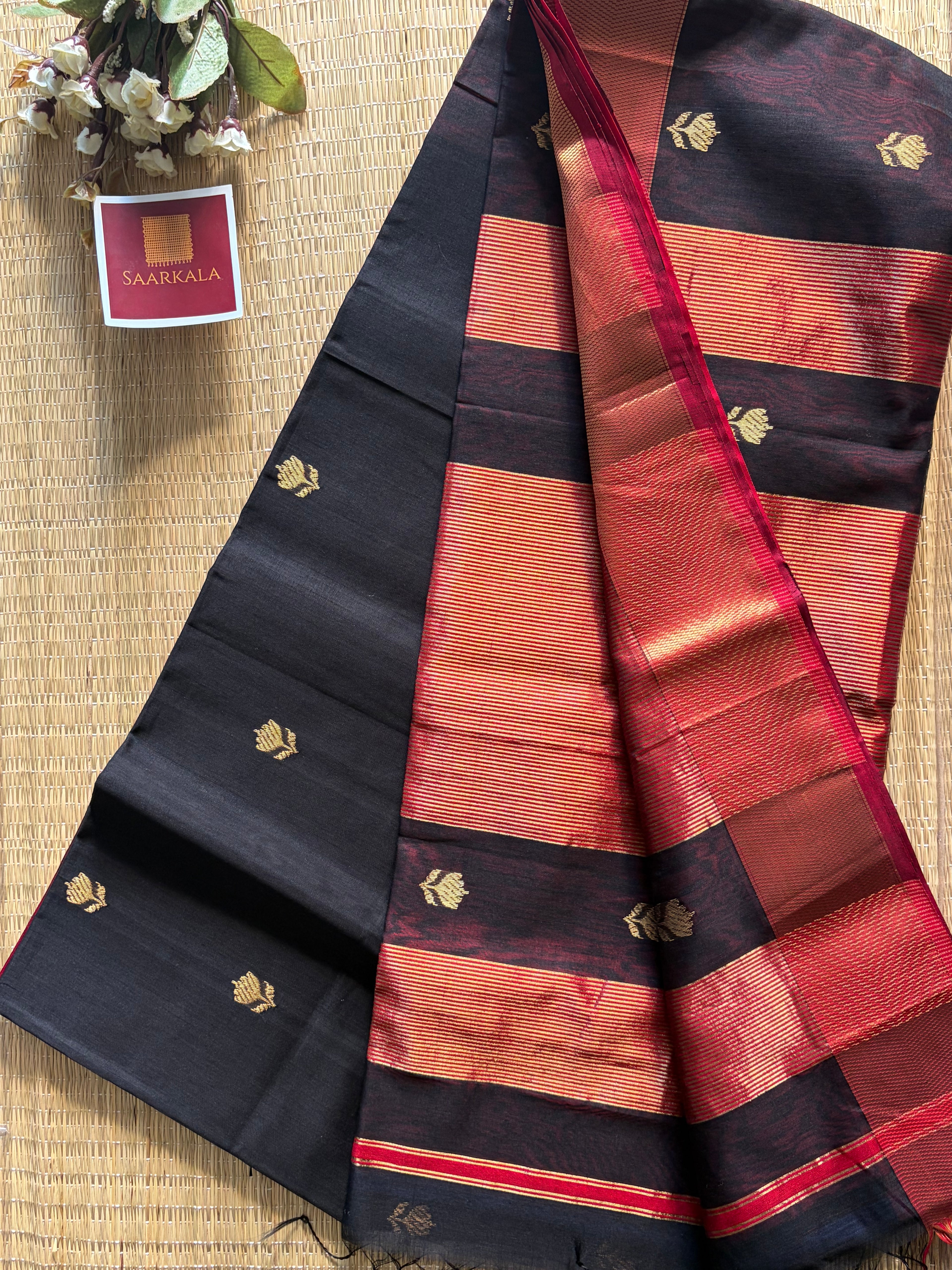 Black Red Lotus Maheshwari silk and cotton Saree