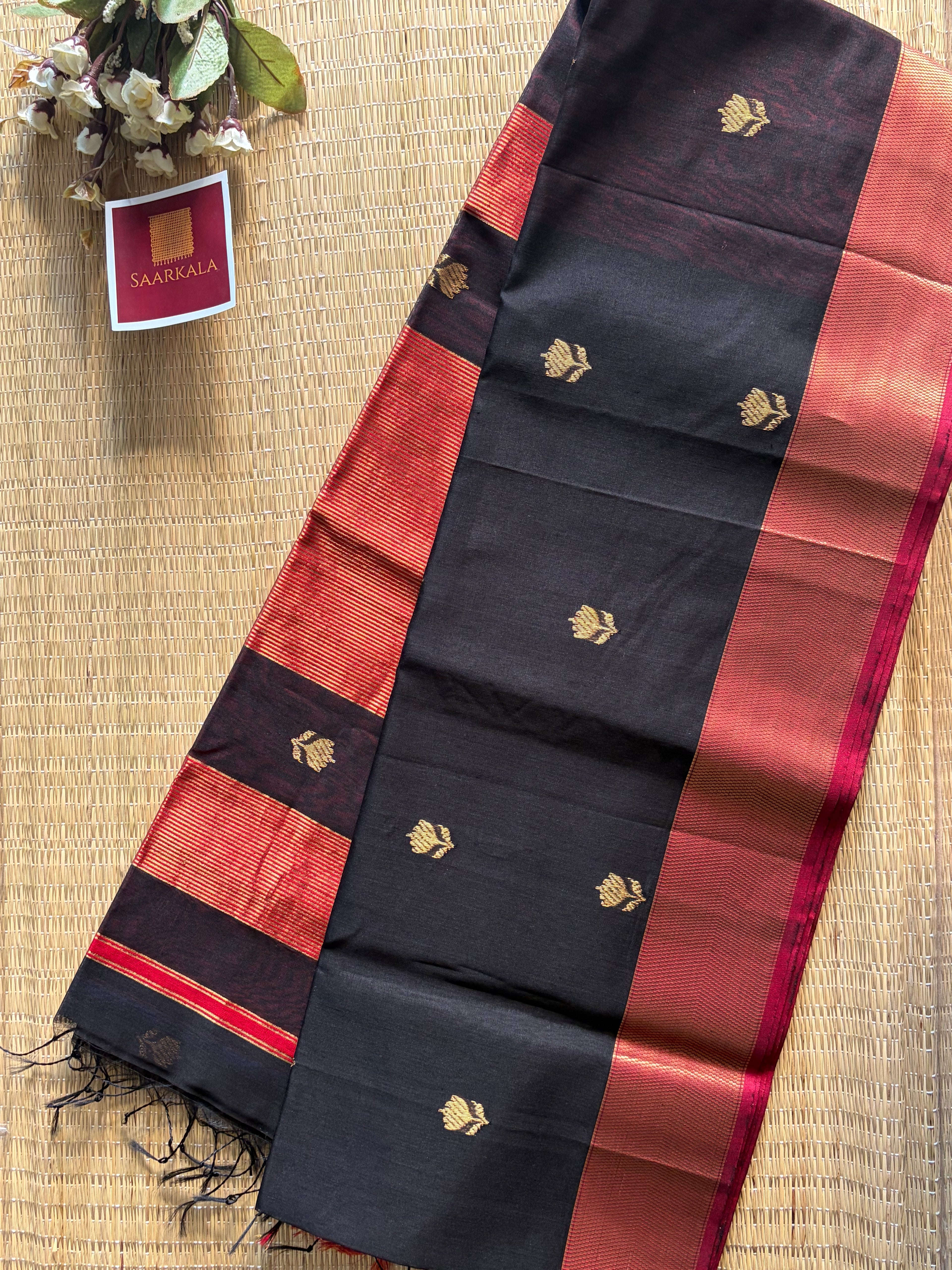 Black Red Lotus Maheshwari silk and cotton Saree