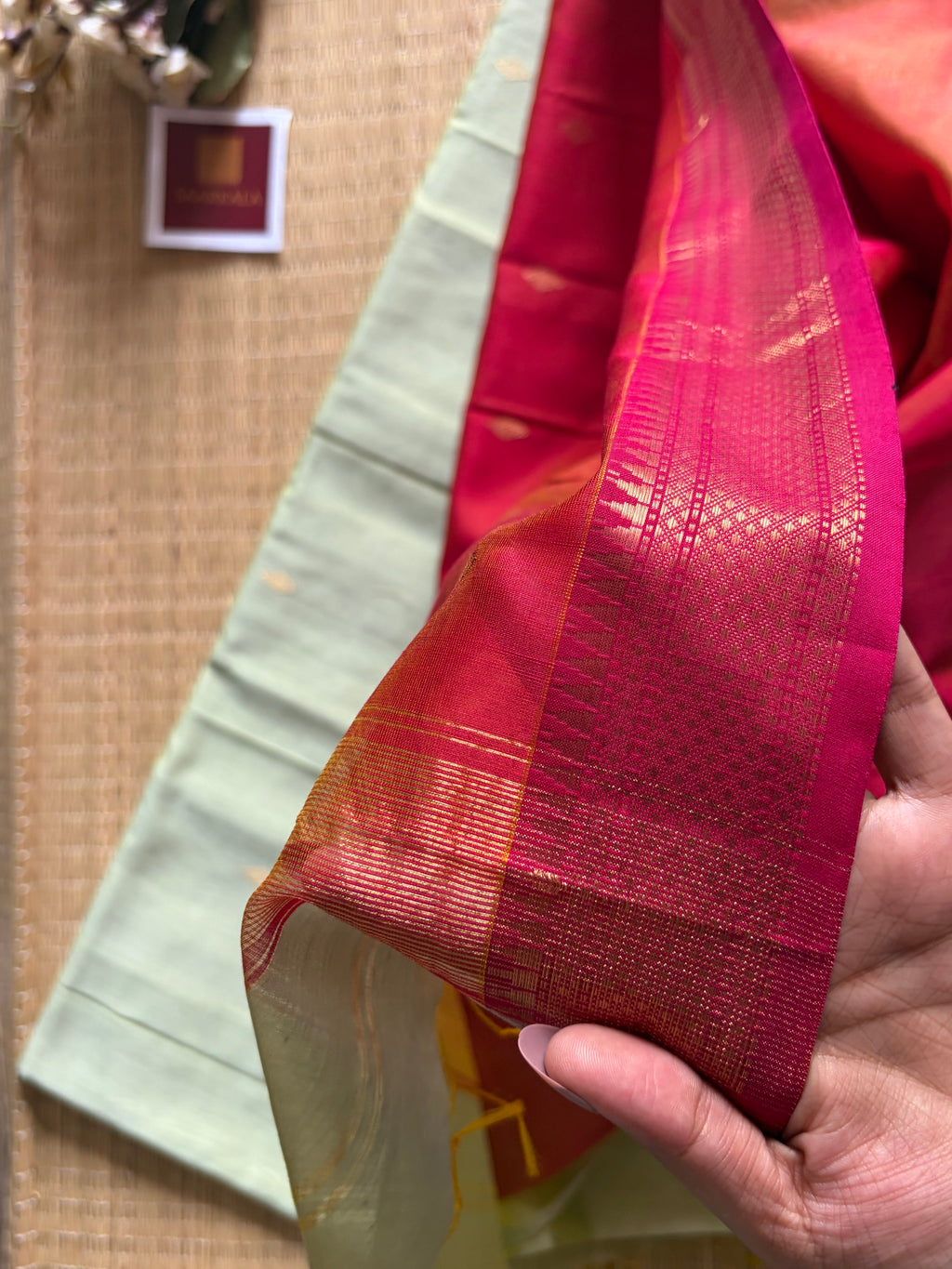 Diamond Pista Green and yellow mix tone Maheshwari Handloom Saree