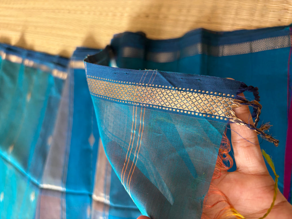 Blue Tint Shaded Maheshwari Handwoven Saree with Gold Zari Border