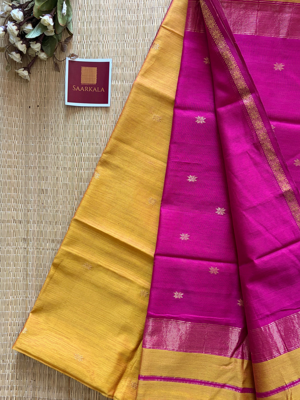 Yellow Light Gold Pink Rani Maheshwari Handloom Silk Cotton Saree