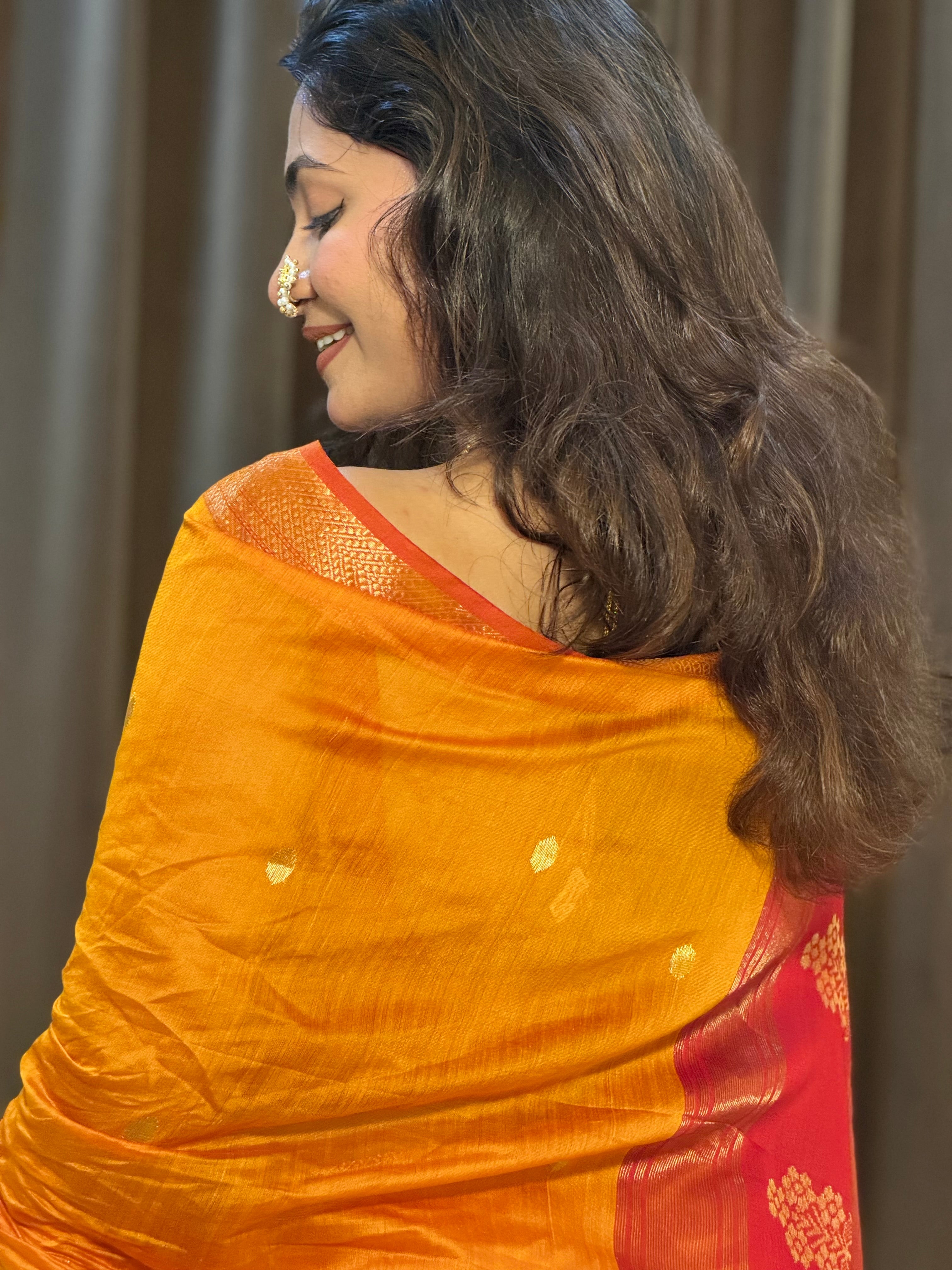 Ashu Floral Buta Mustard & red Maheshwari silk by cotton handloom saree