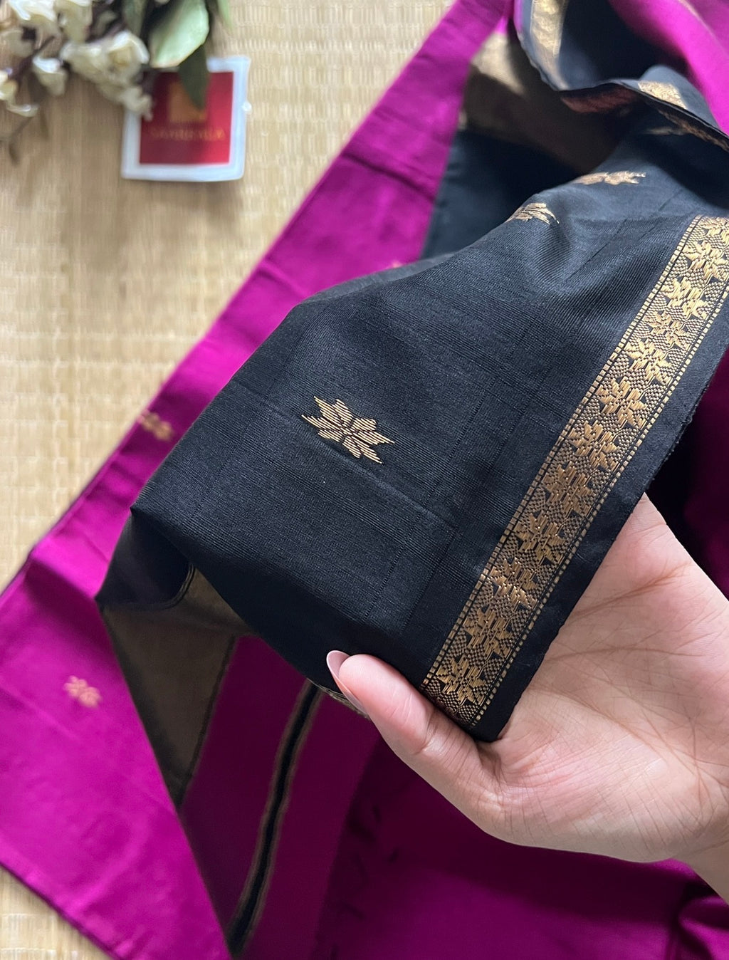 Chameli Magenta Black Maheshwari Handwoven Saree with Gold Zari Border
