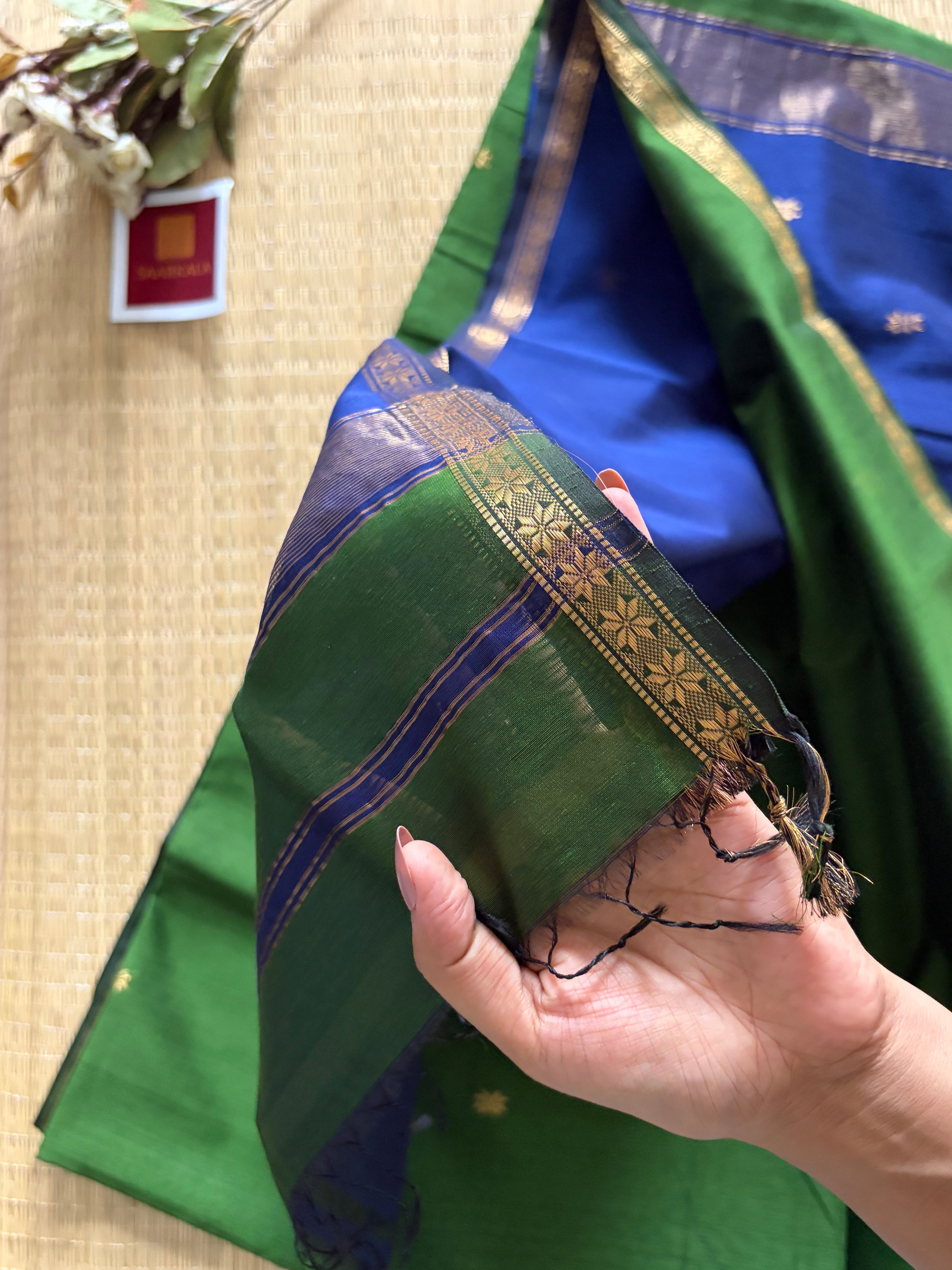 Savan Green & Blue Chameli Maheshwari Handloom Silk Cotton Saree