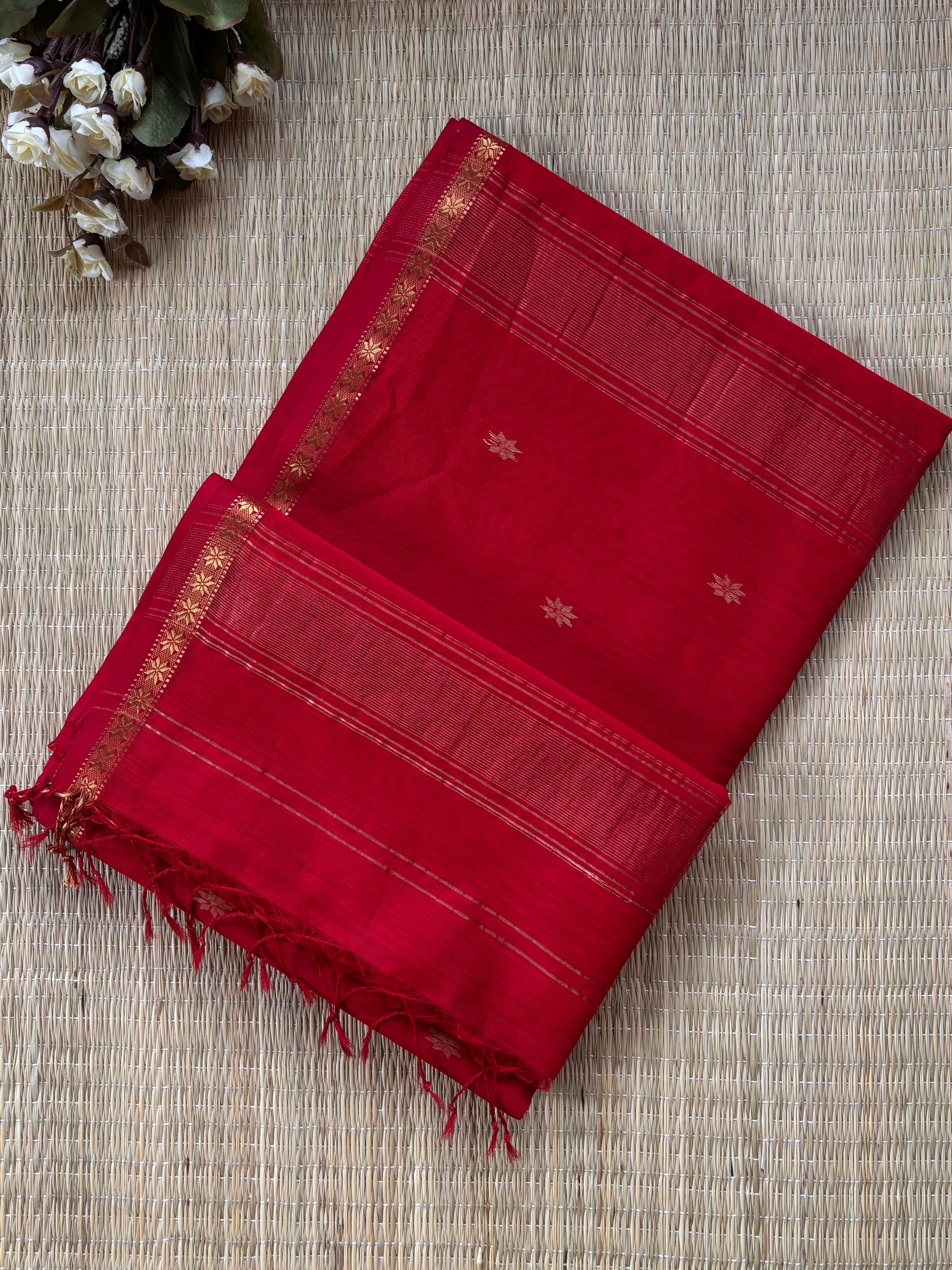 Chameli Red Maheshwari Handloom Saree