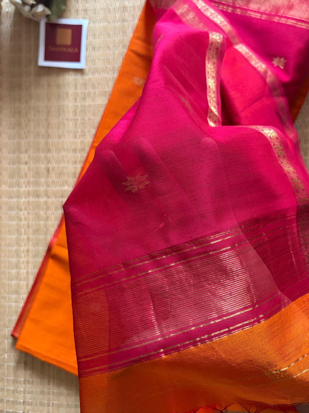 Siyali Mustard and Pink Chameli Maheshwari Handloom Silk Cotton Saree