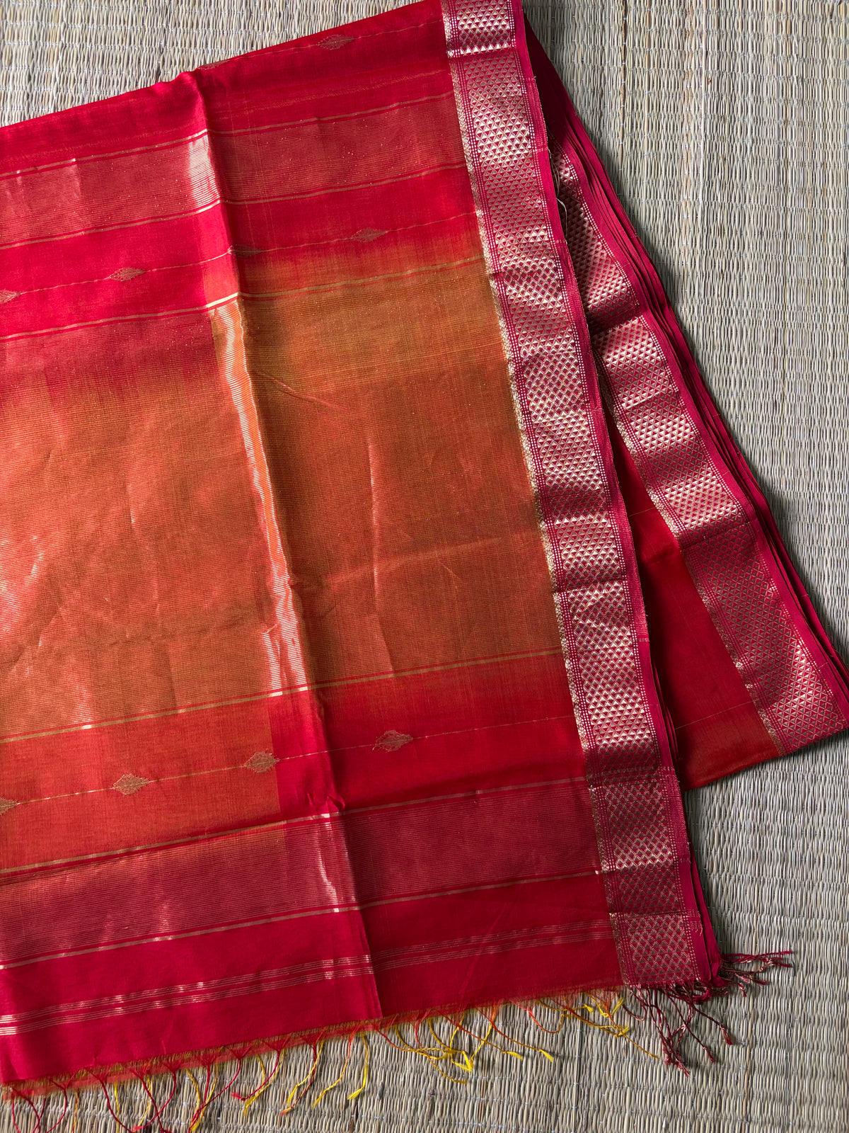 Reshami Red Shaded Maheshwari Handwoven Saree with Gold Butti