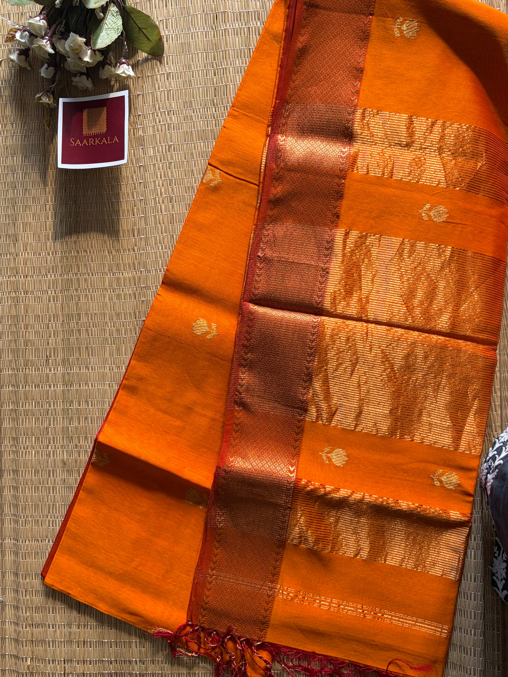 Golden Orange Lotus Maheshwari silk and cotton Saree