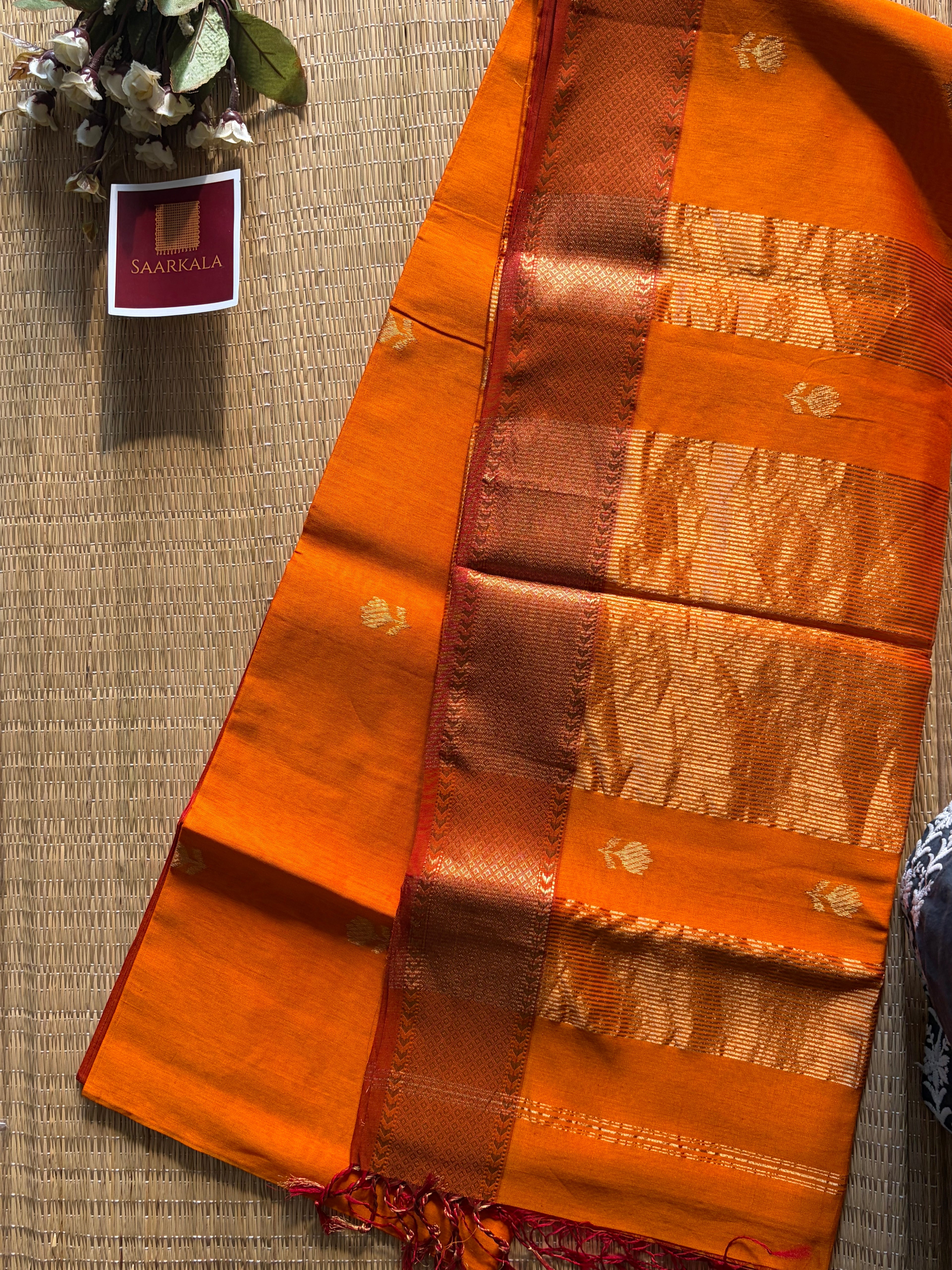 Golden Orange Lotus Maheshwari silk and cotton Saree