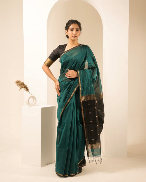 Chameli Rama Green Black Maheshwari Handloom Saree
