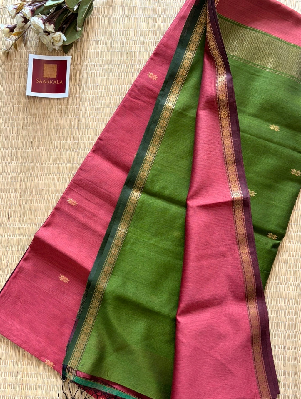 Gajri Green Maheshwari Handwoven Saree with Gold Zari Border