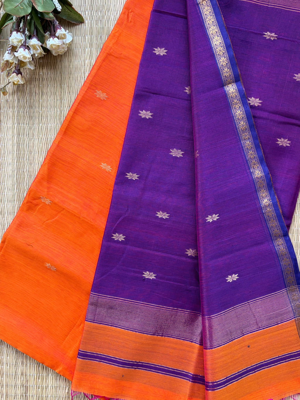 Chameli Orange Purple Maheshwari Handloom Saree