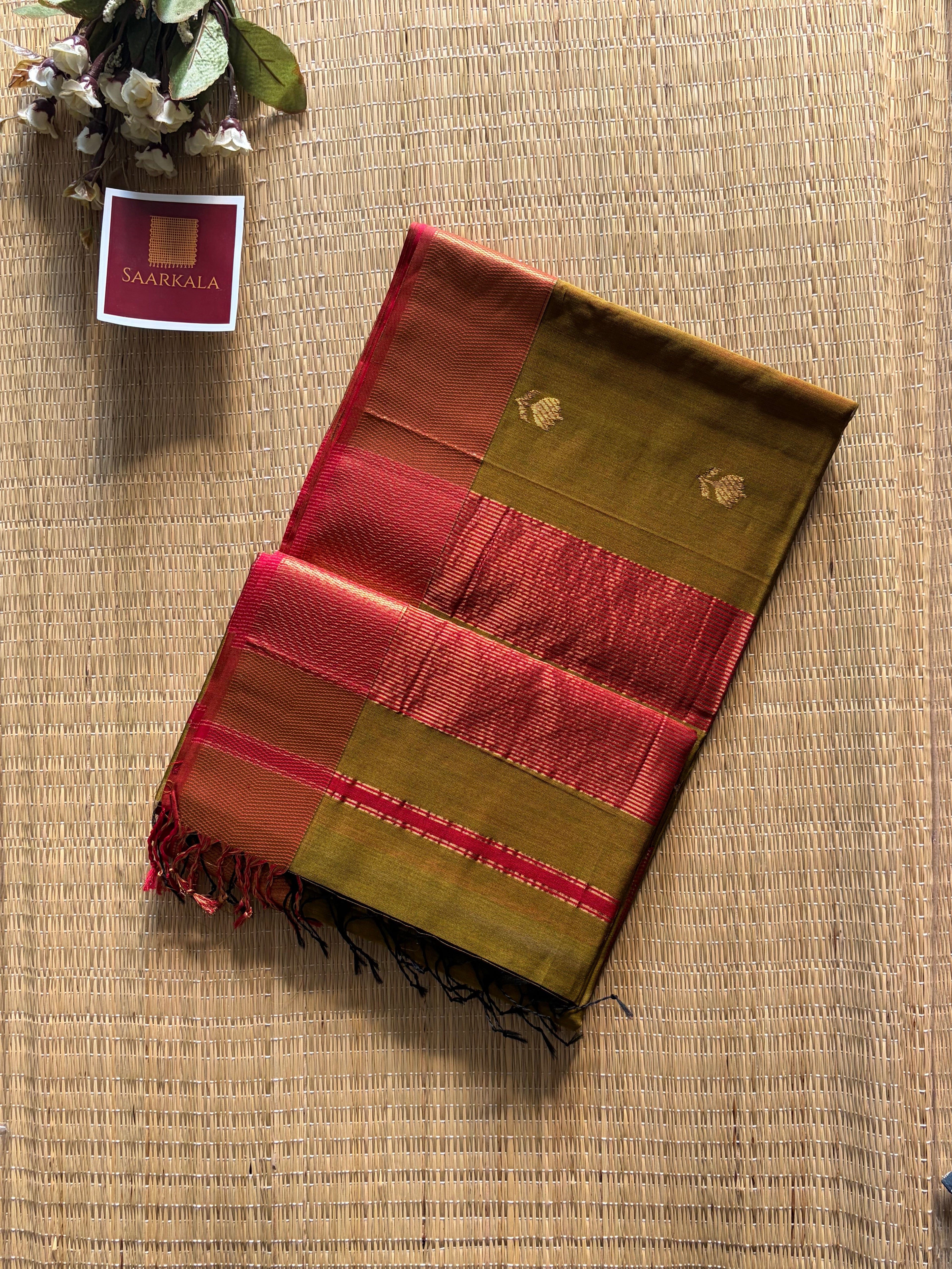 Mehendi Red Lotus Maheshwari silk and cotton Saree