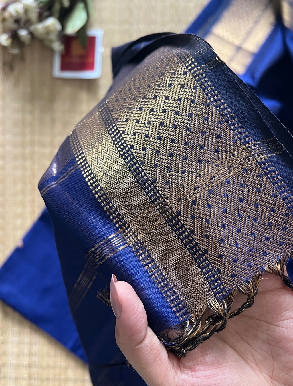Khatia Blue Maheshwari Handwoven Saree with Gold Zari Border