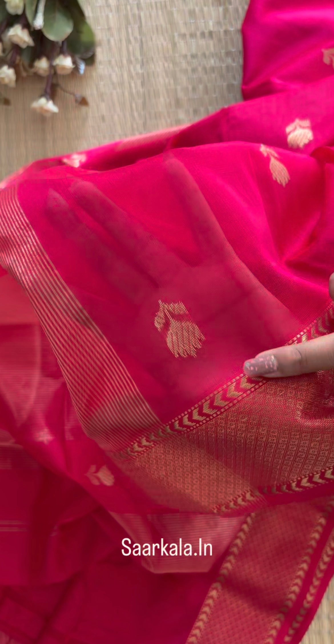 Pink Rani Lotus Maheshwari silk and cotton Saree