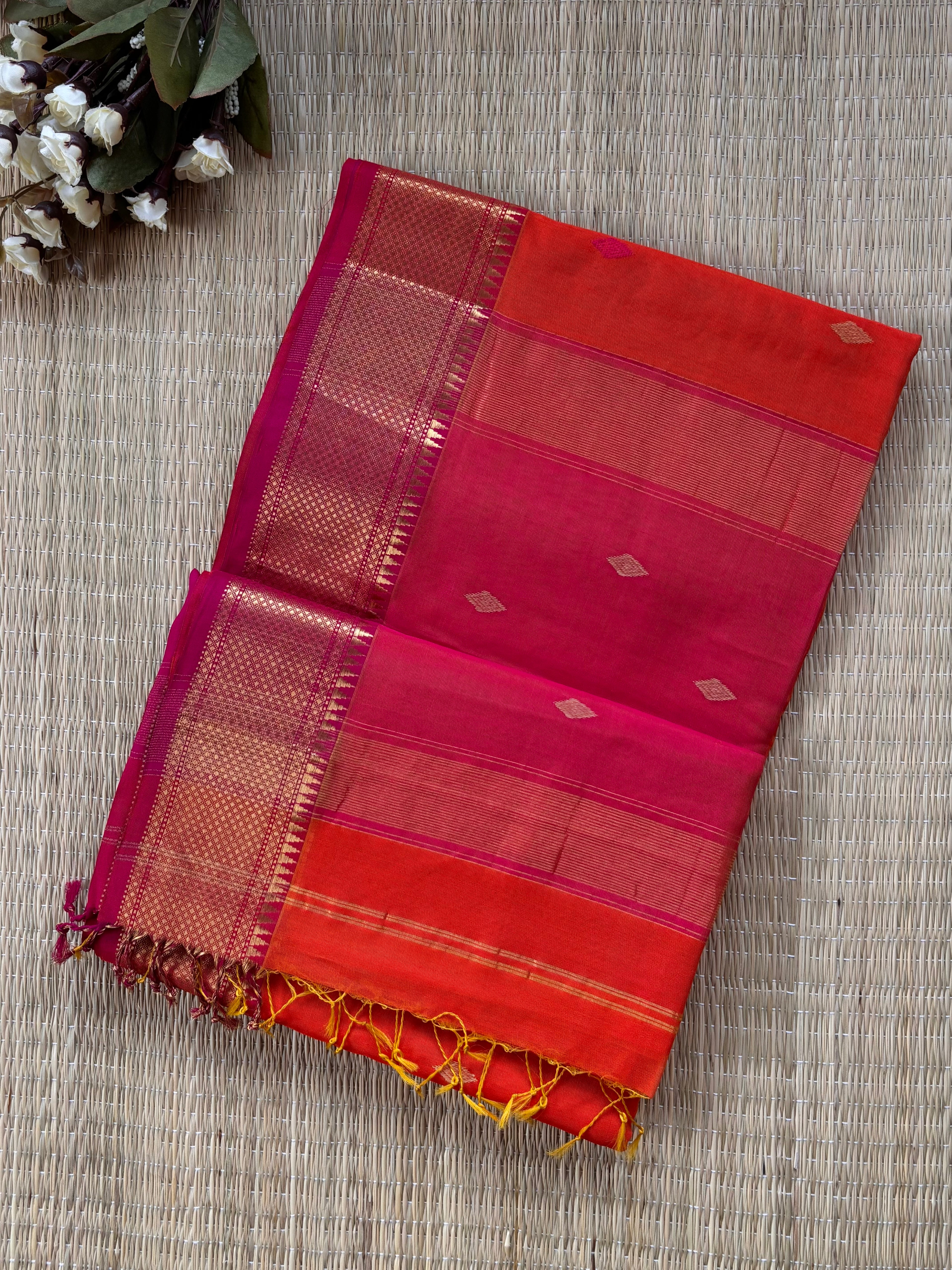 Diamond Buta Orange Pink Maheshwari Handloom Saree