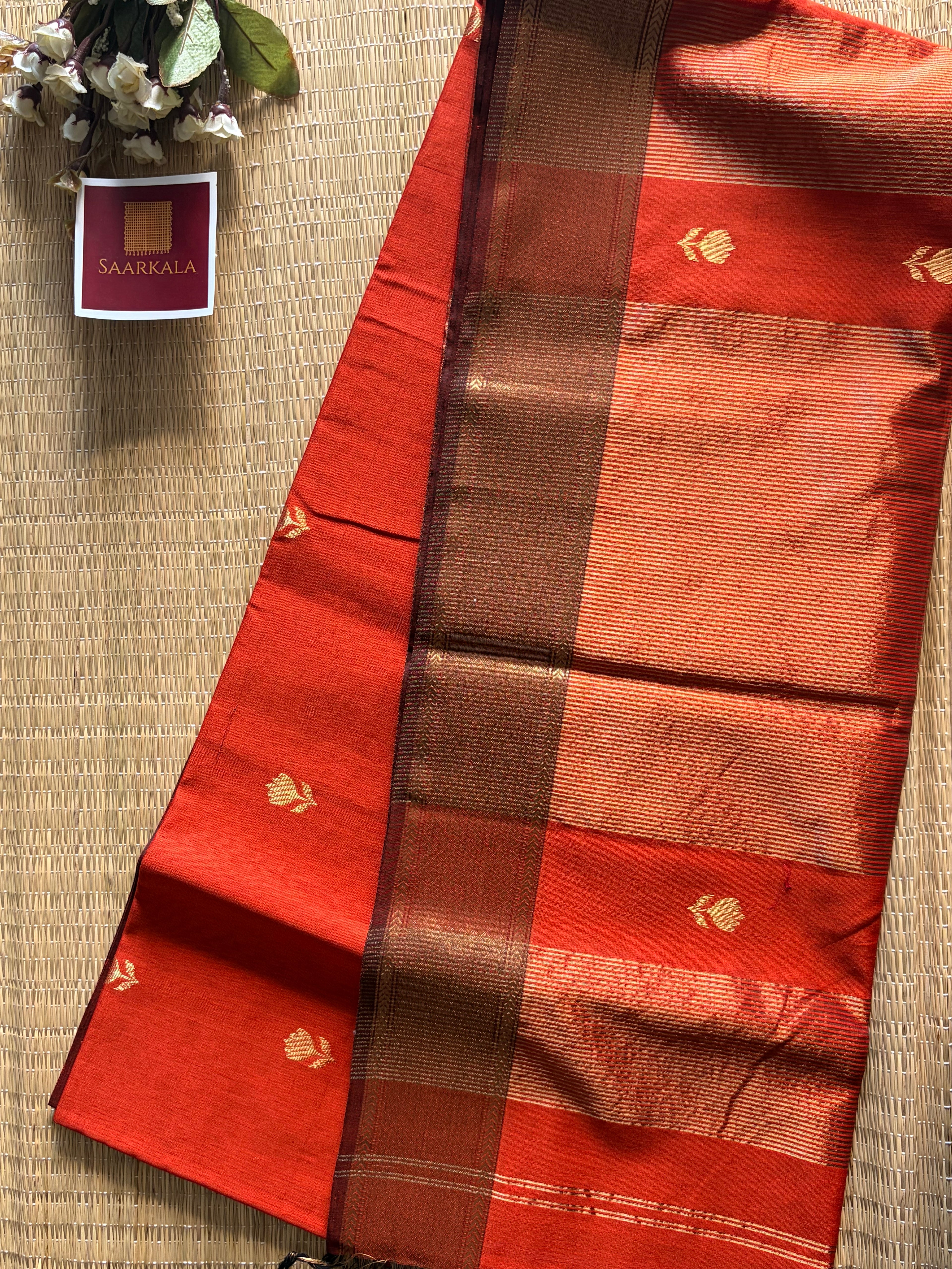 Rust Maheshwari silk and cotton Lotus Butta Saree