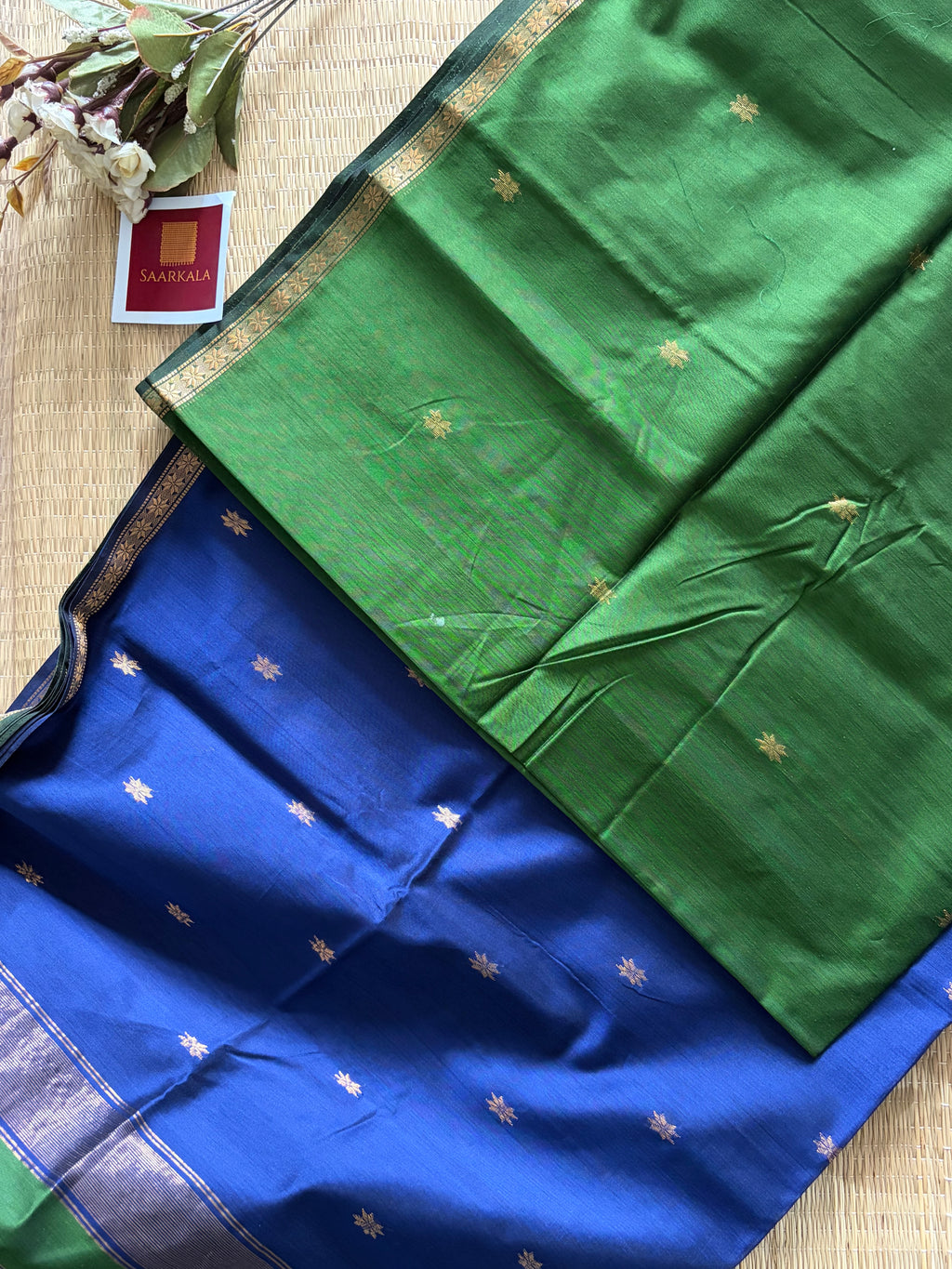 Savan Green & Blue Chameli Maheshwari Handloom Silk Cotton Saree
