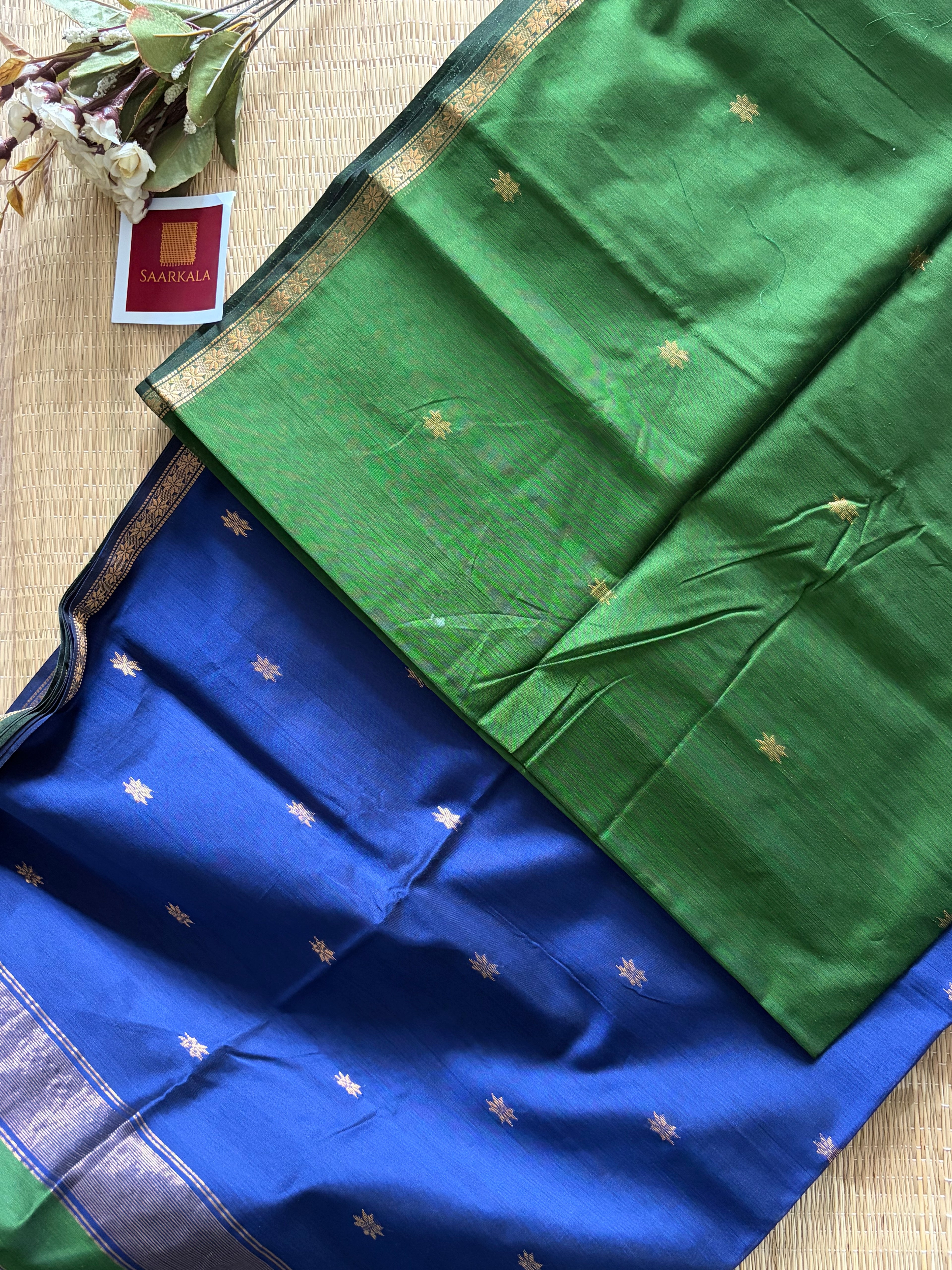Savan Green & Blue Chameli Maheshwari Handloom Silk Cotton Saree