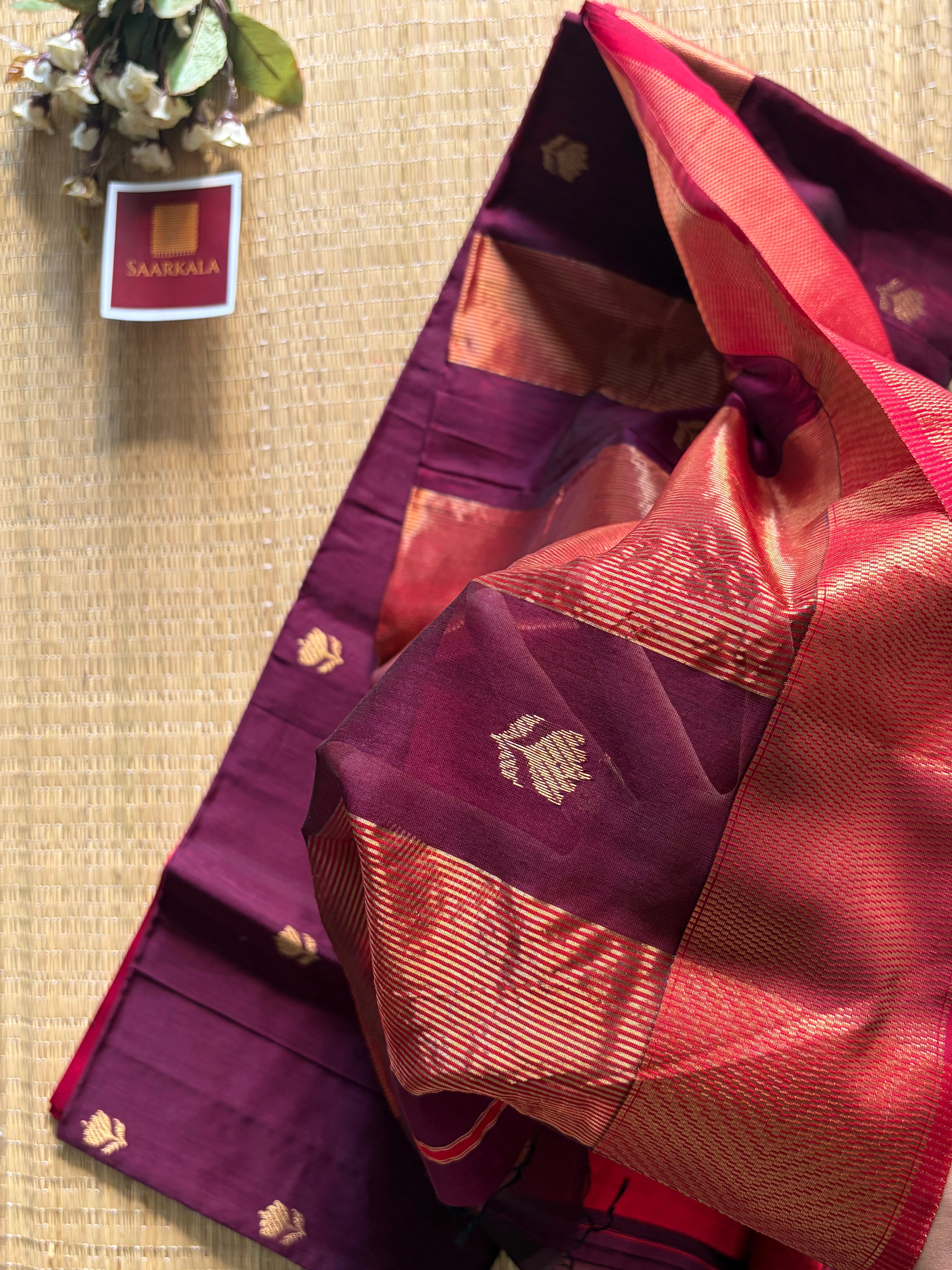 Chocoa Maroon Lotus Maheshwari silk and cotton Saree