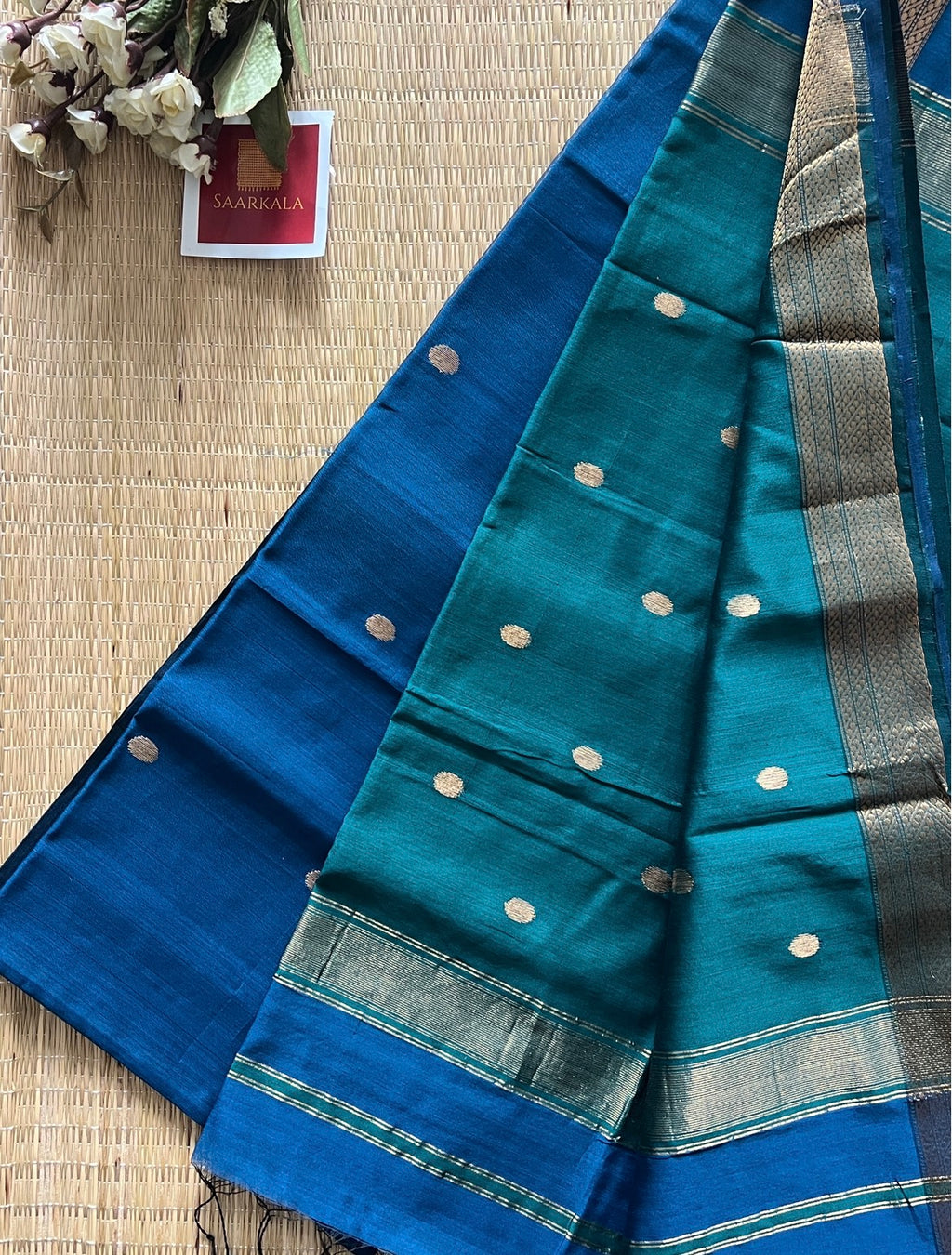 Sikka Rama Blue Maheshwari Handwoven Saree with Gold Zari Border