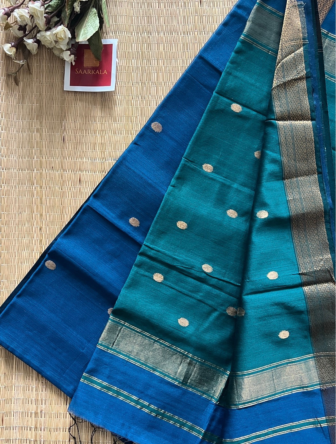 Sikka Rama Blue Maheshwari Handwoven Saree with Gold Zari Border