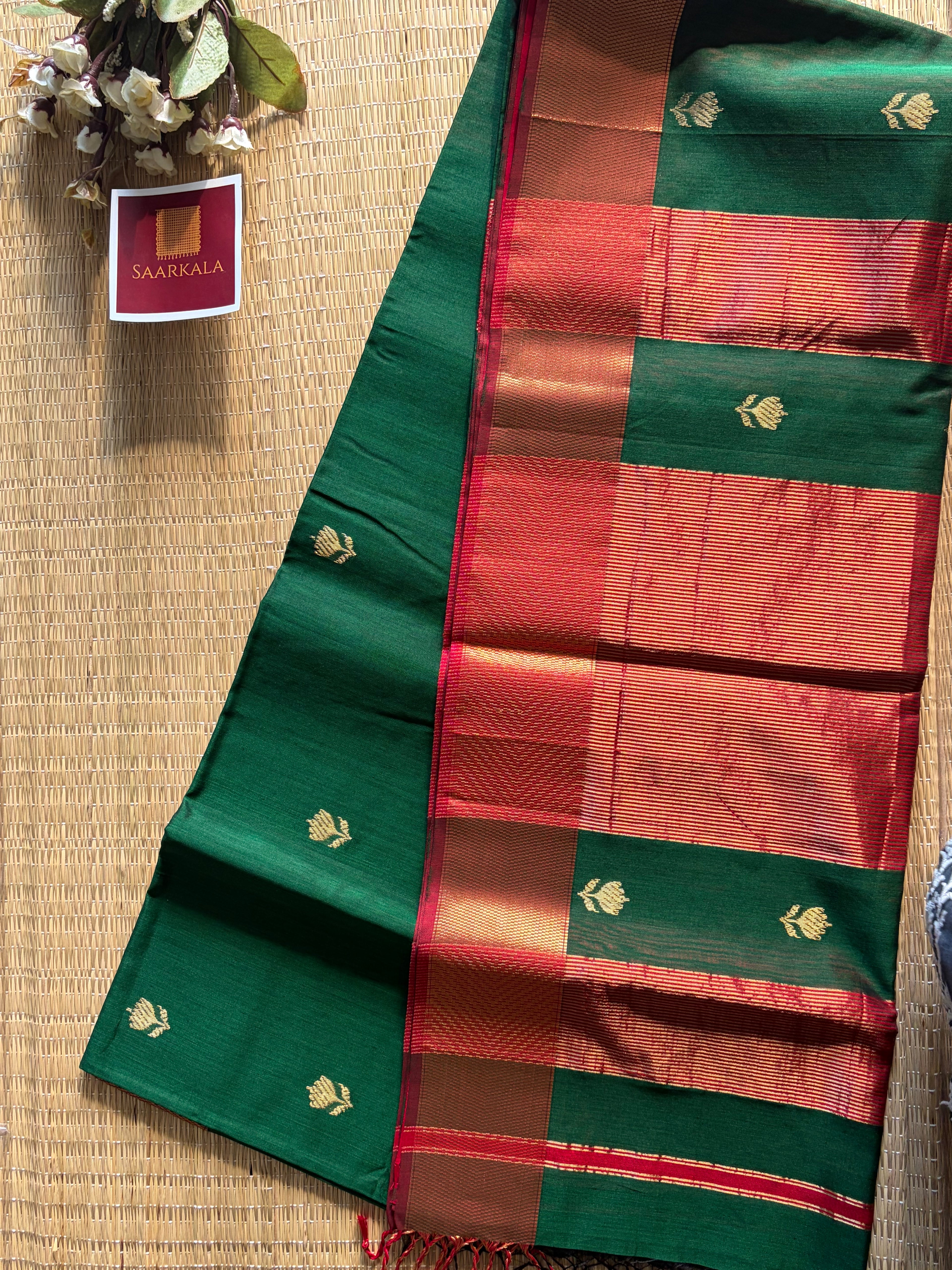 Green Red Lotus Maheshwari silk and cotton Saree