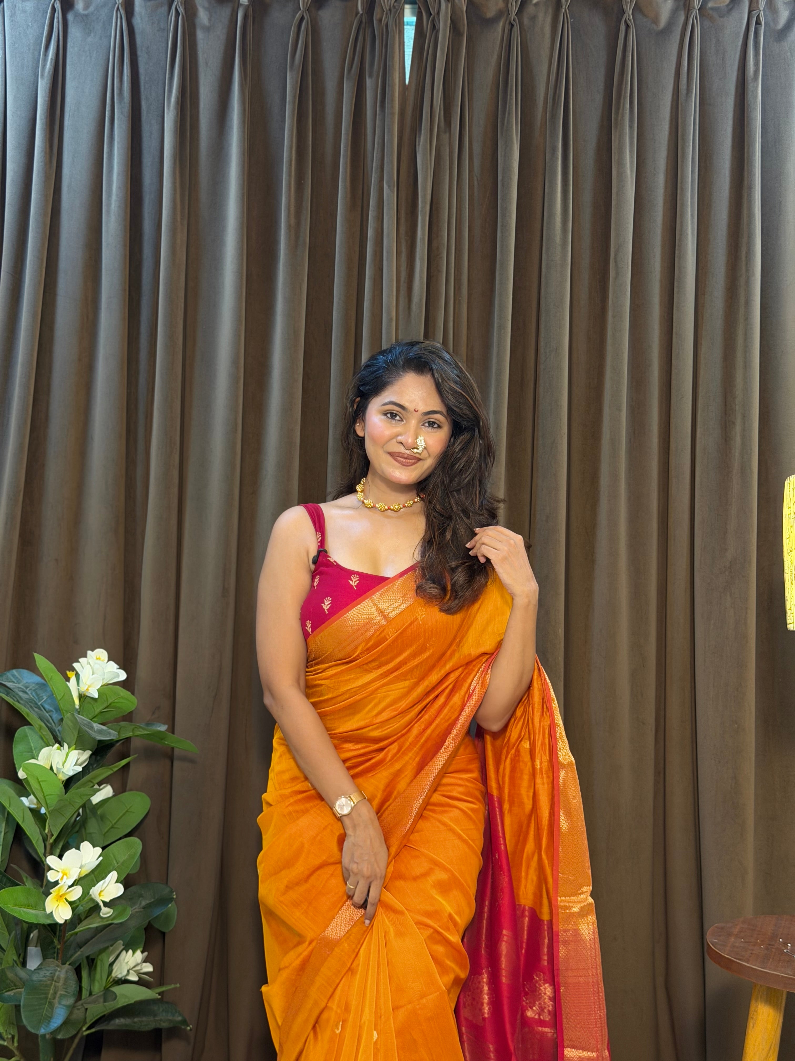 Ashu Floral Buta Mustard & red Maheshwari silk by cotton handloom saree