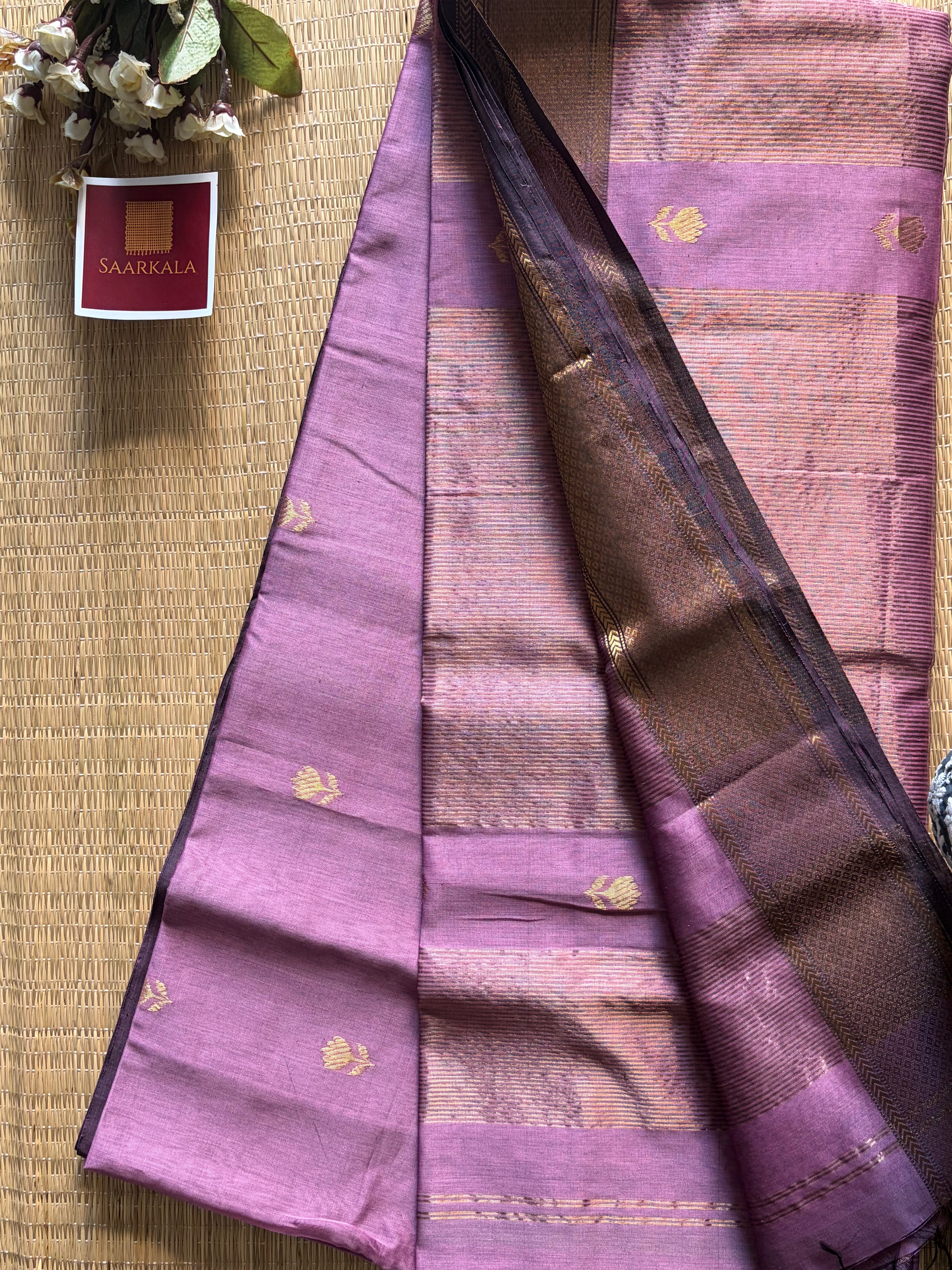 Mauve Dasty Purple Maheshwari silk and cotton Lotus Butta Saree