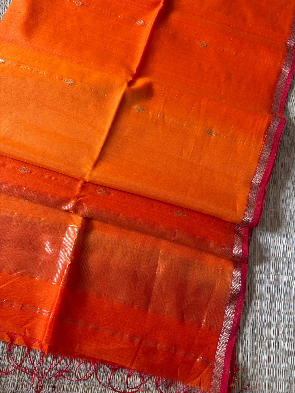 Kesar Orange Shaded Maheshwari Handwoven Saree with Gold Zari Border