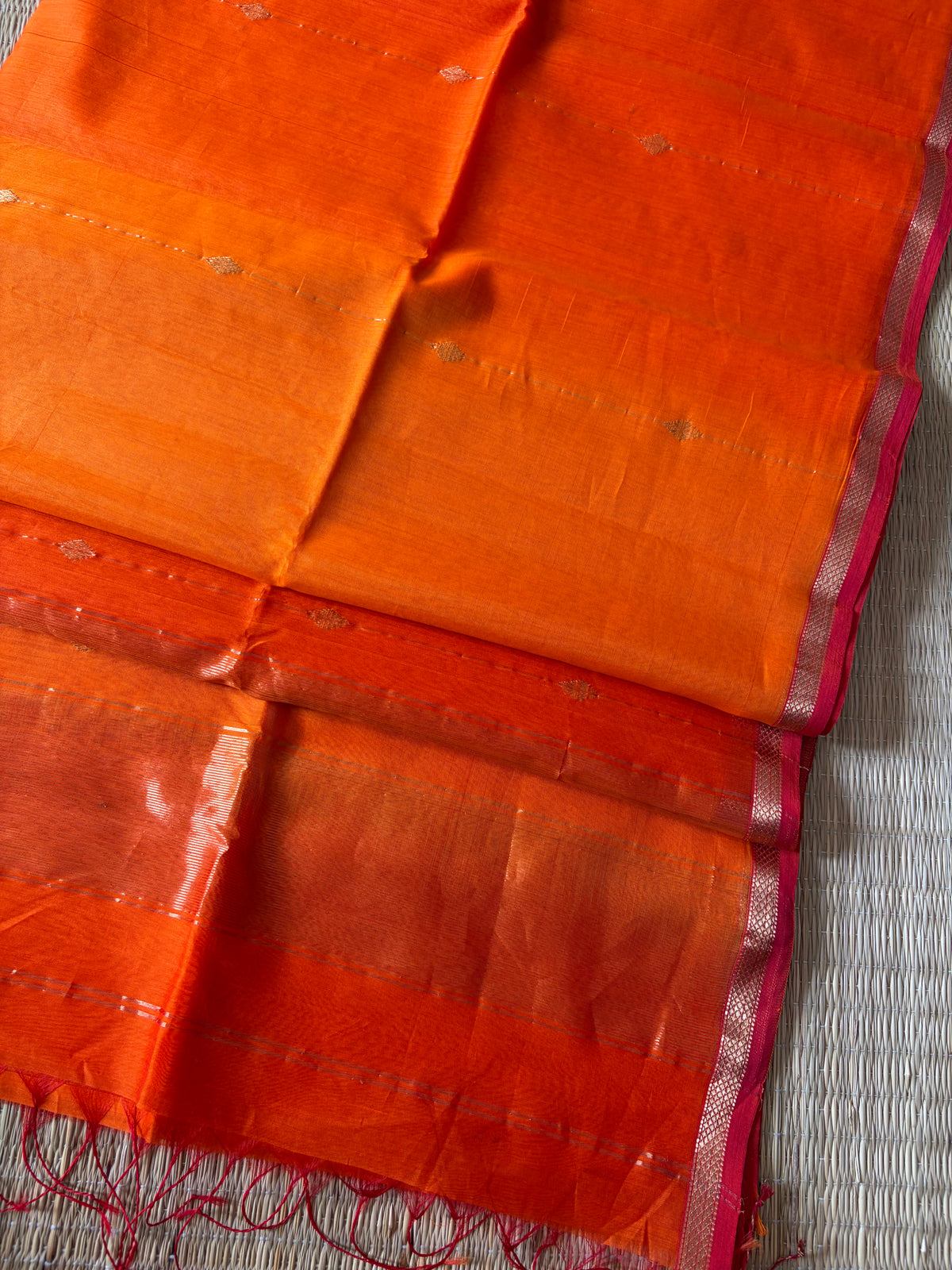 Kesar Orange Shaded Maheshwari Handwoven Saree with Gold Zari Border