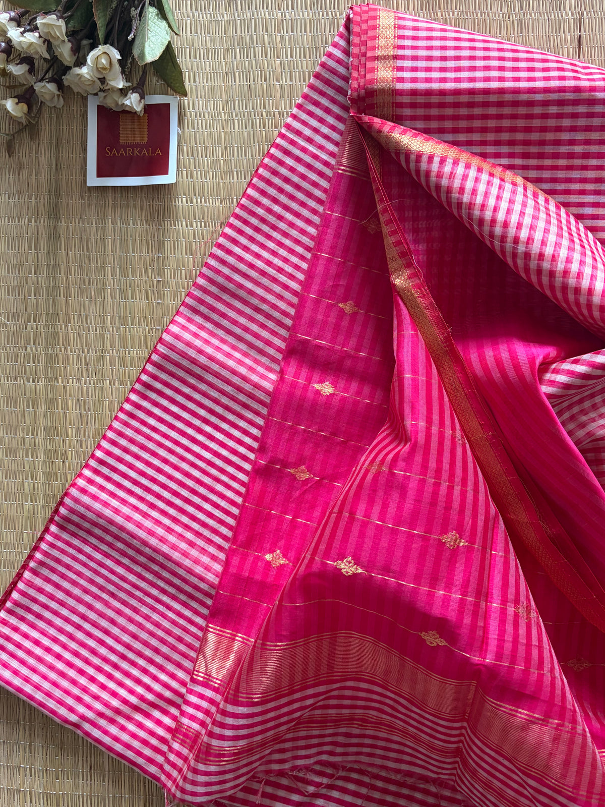 Gingham Pink Maheshwari Handloom Saree