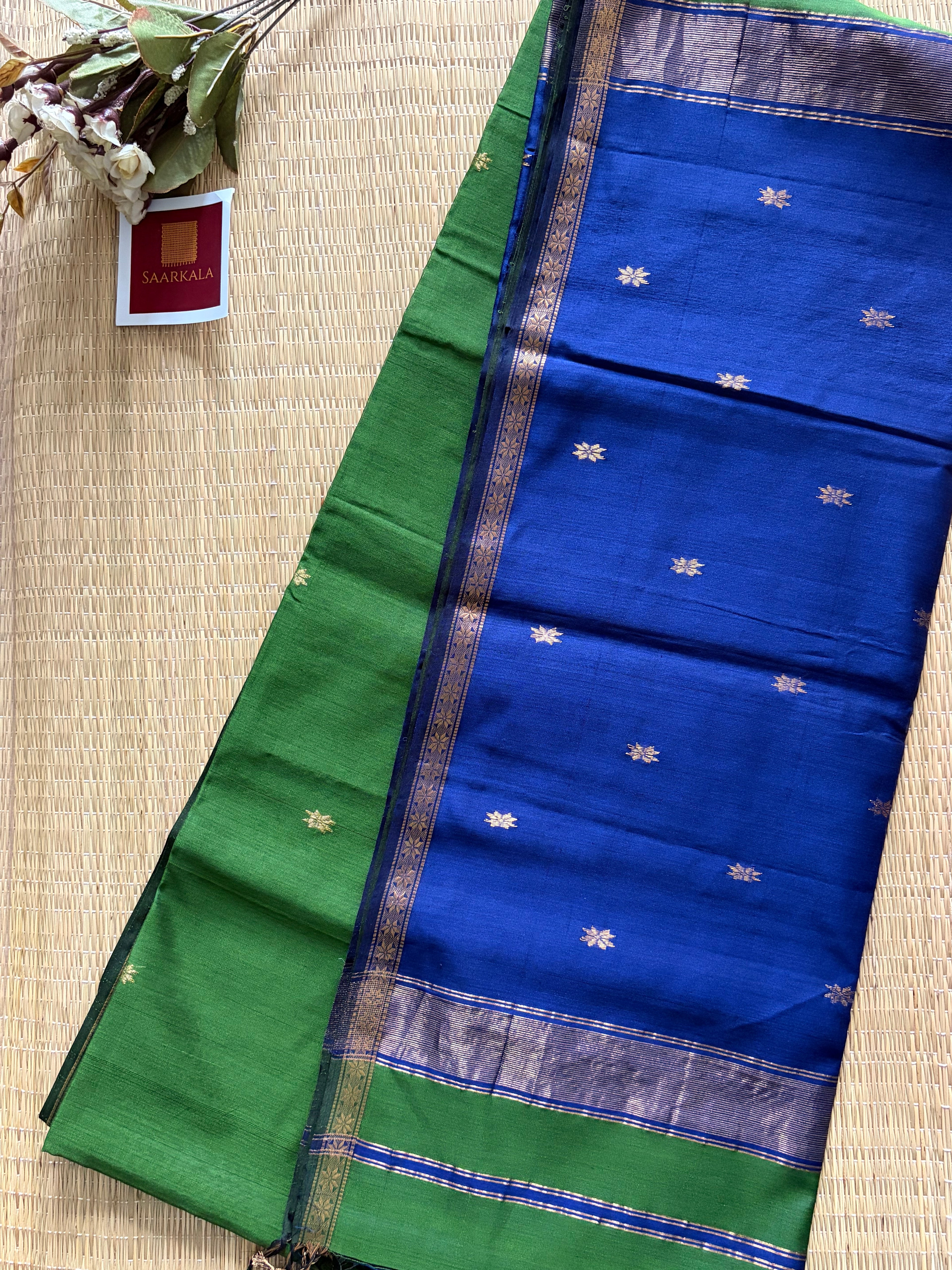 Savan Green & Blue Chameli Maheshwari Handloom Silk Cotton Saree