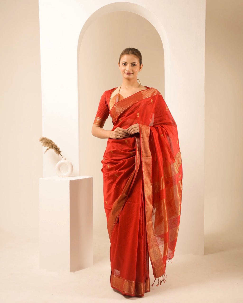 Lotus Red Maheshwari Handloom Saree
