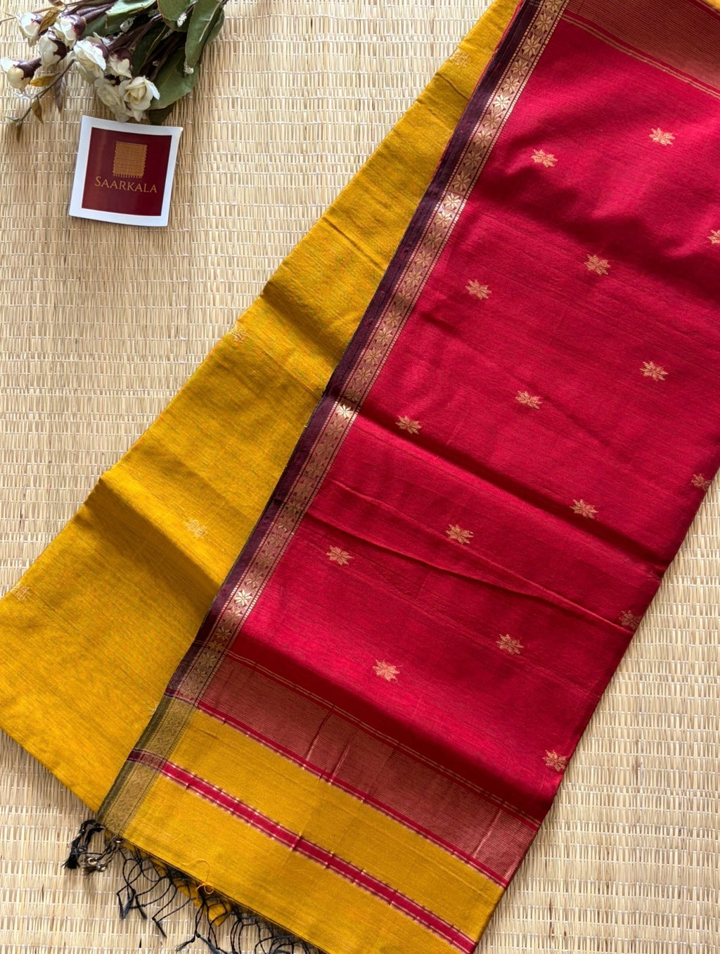 Mustard and Red Maheshwari Handwoven Saree with Gold Zari Border