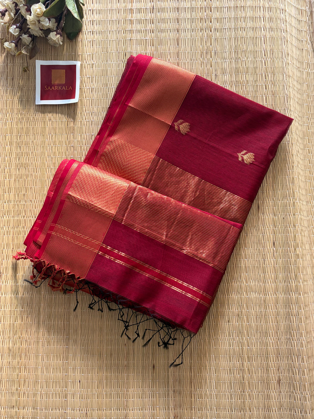 Lotus Maroon Red Maheshwari Handloom Saree with Gold Border