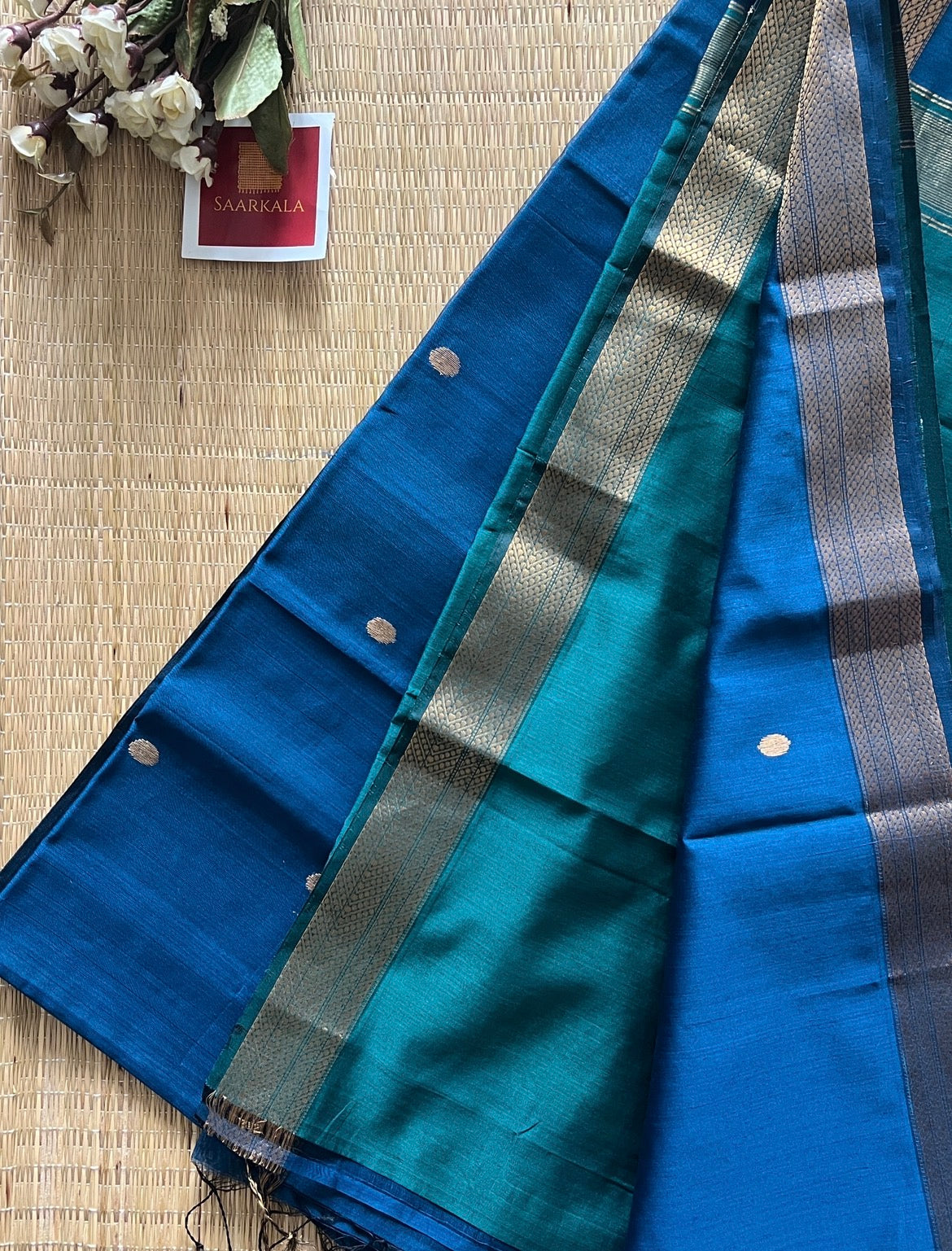 Sikka Rama Blue Maheshwari Handwoven Saree with Gold Zari Border
