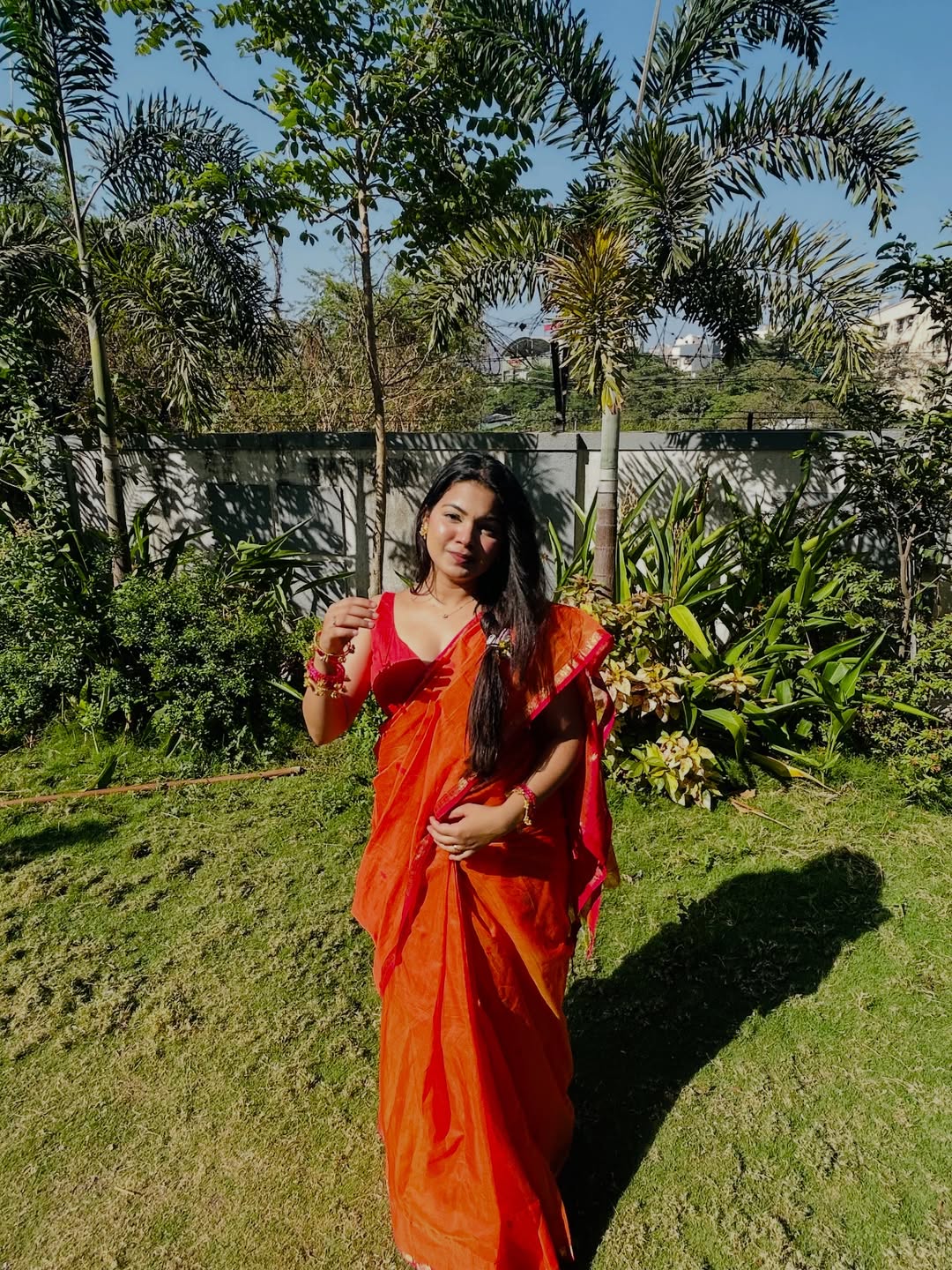 Sayali Orange Pink Chameli Maheshwari Handloom Saree