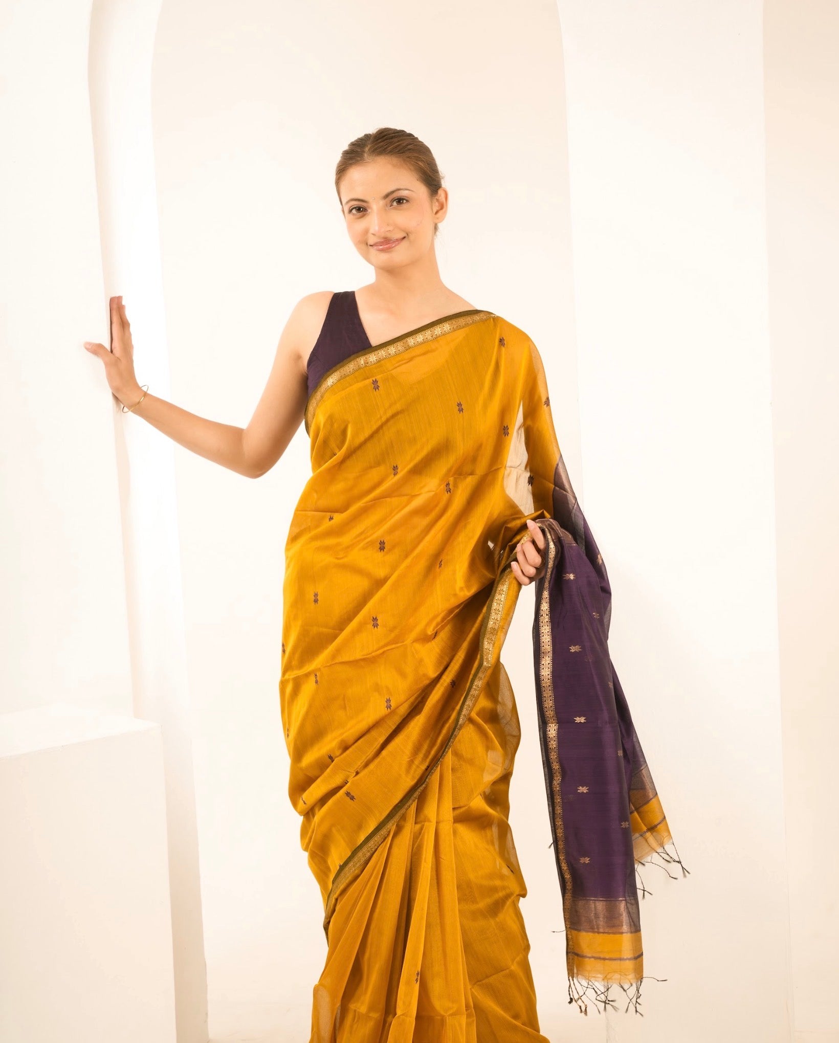 Chameli Mustard Purple Maheshwari Handloom Saree