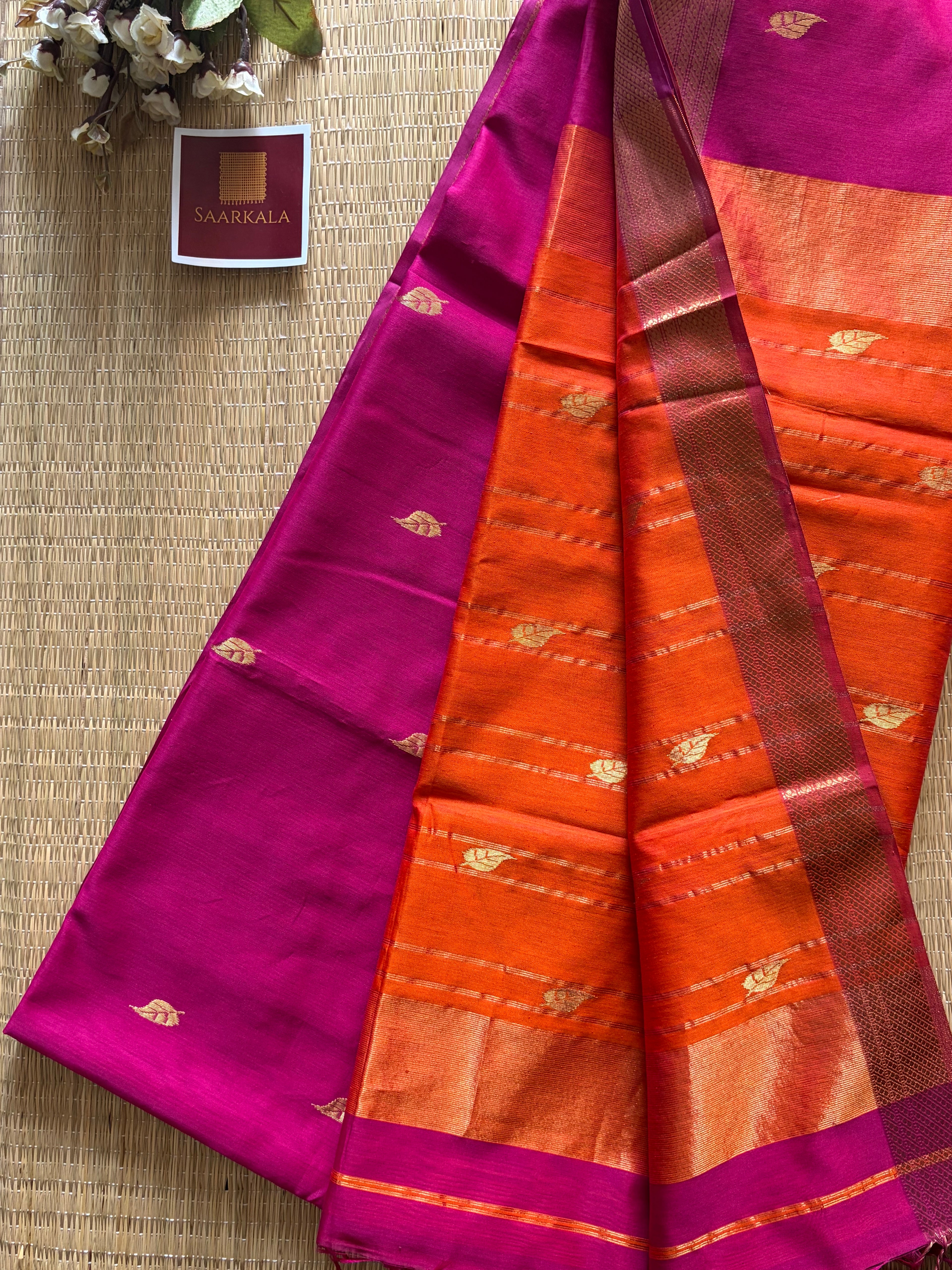 Patti Magenta Pink Maheshwari silk and cotton Saree