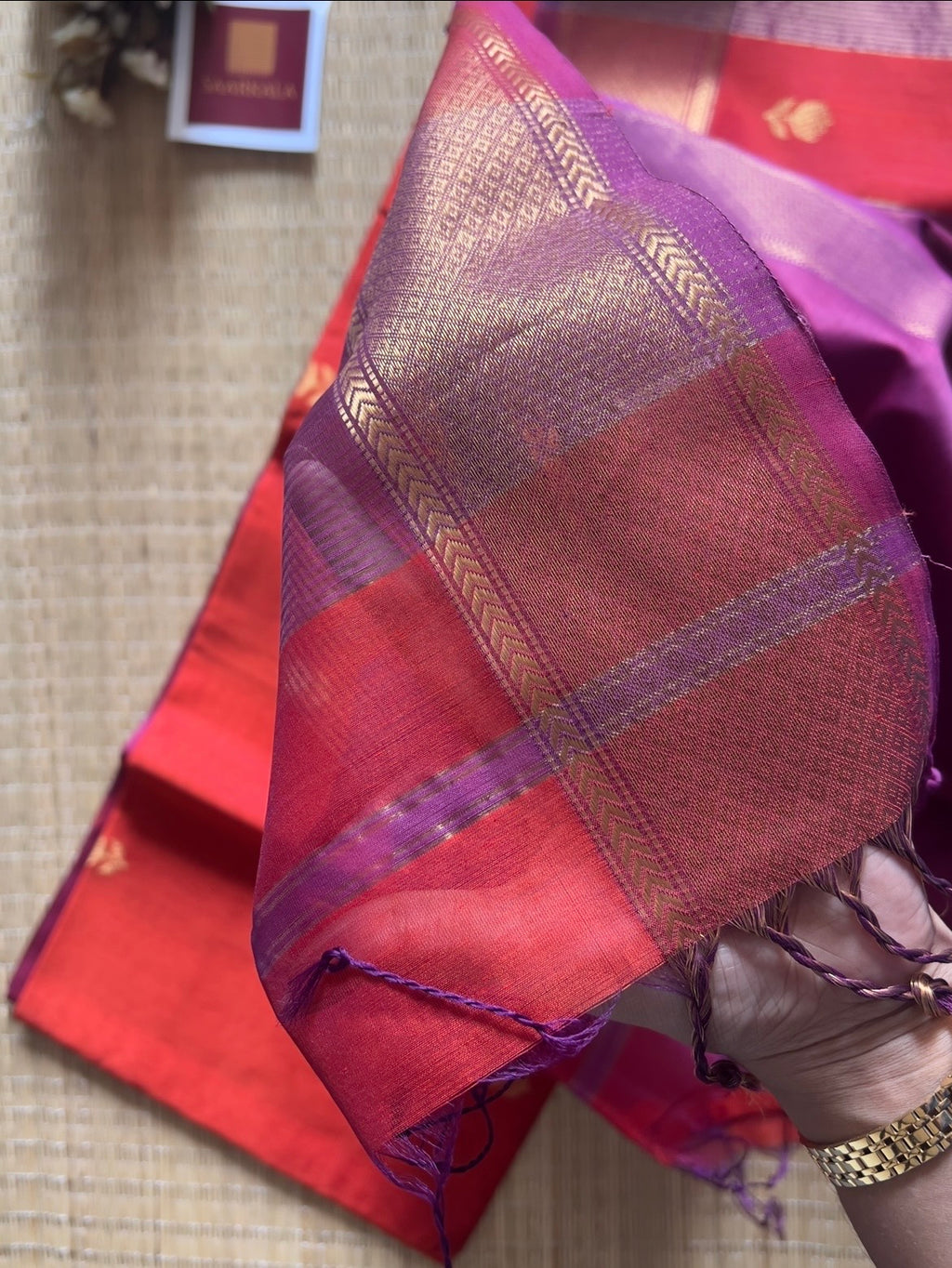 Rust Orange Lotus Maheshwari silk and cotton Saree