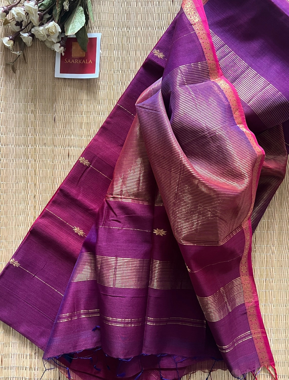 Dual Shaded Pink Purple Maheshwari Handwoven Saree with Gold Zari Border