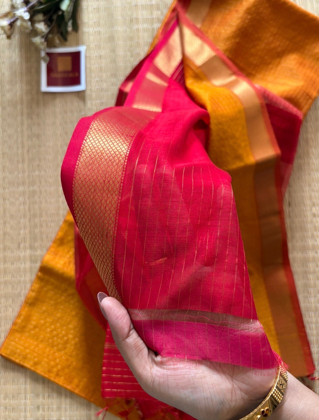 Mustard Red Checked Maheshwari Handwoven Saree with Gold Zari Border