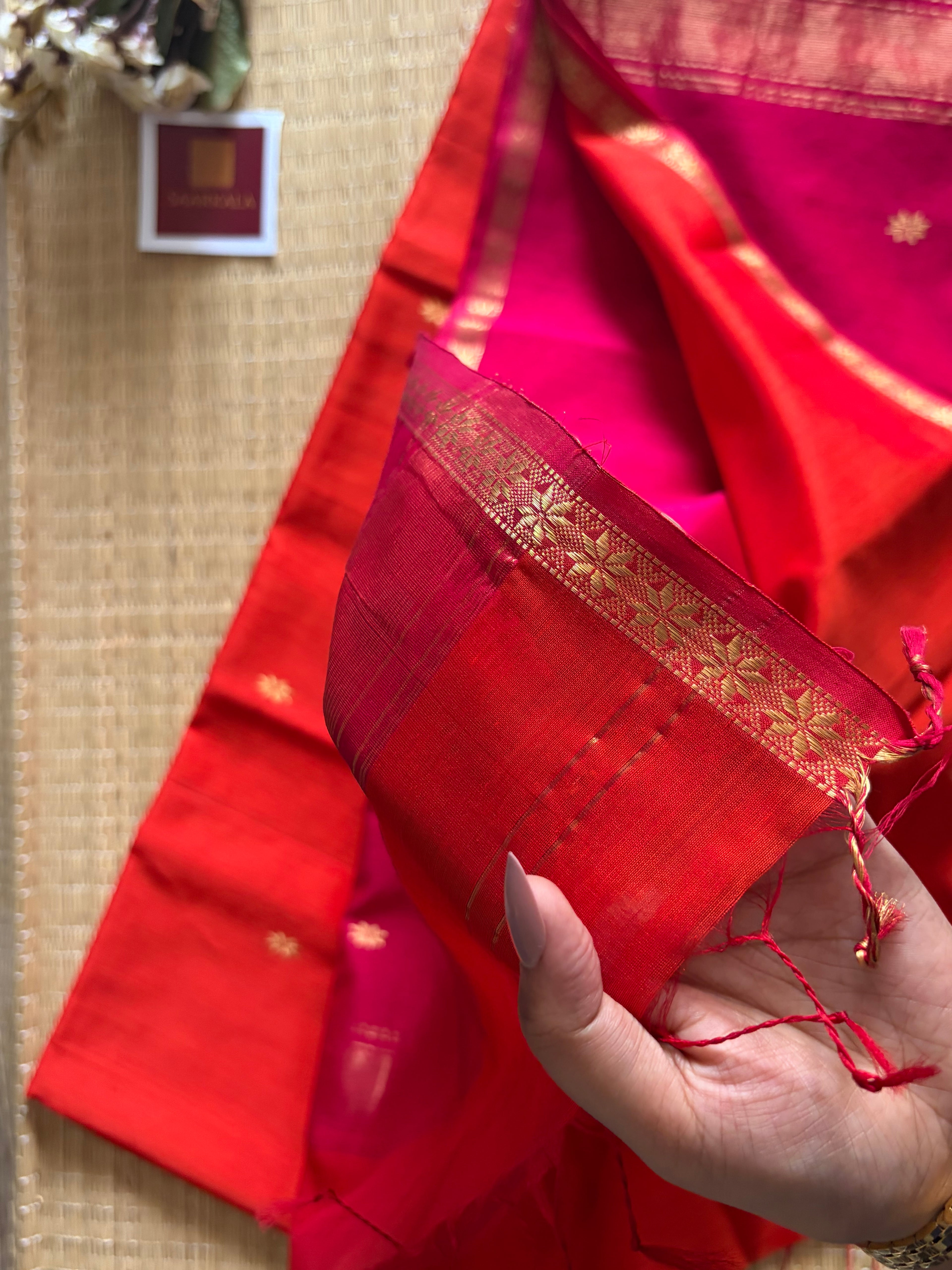 Rust Rani Maheshwari silk by cotton handloom saree